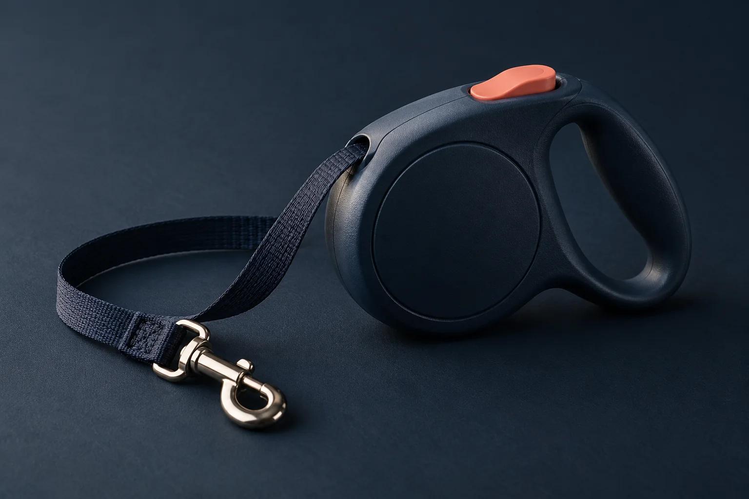 Generated editorial illustration: A simple unbranded navy retractable dog leash case with coral button and a short flat webbing lead extended, resting on a navy surface.