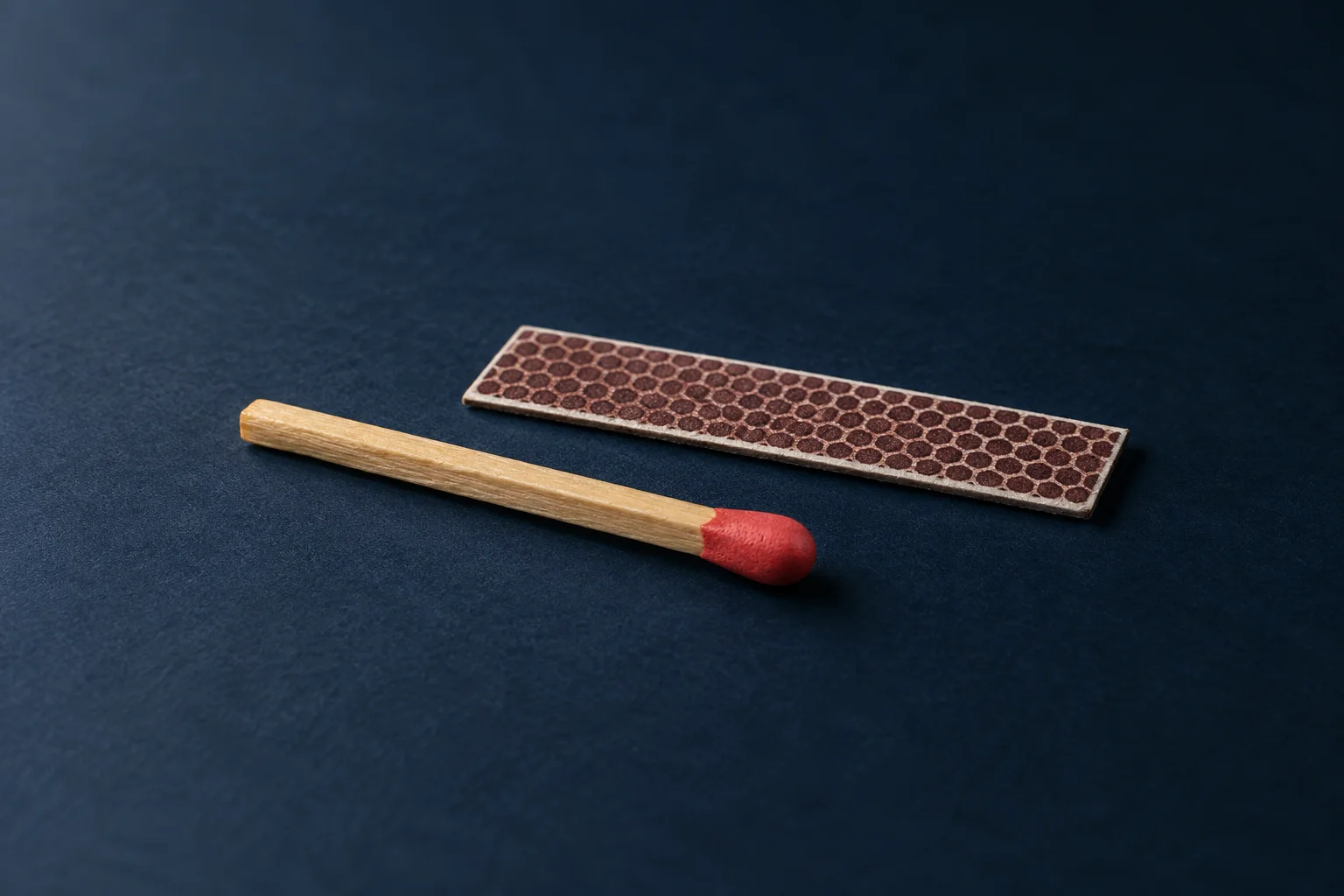 Generated editorial illustration: One ordinary wooden safety match with a coral-red unlit head beside a plain matchbox striker strip on navy, no branding or words.
