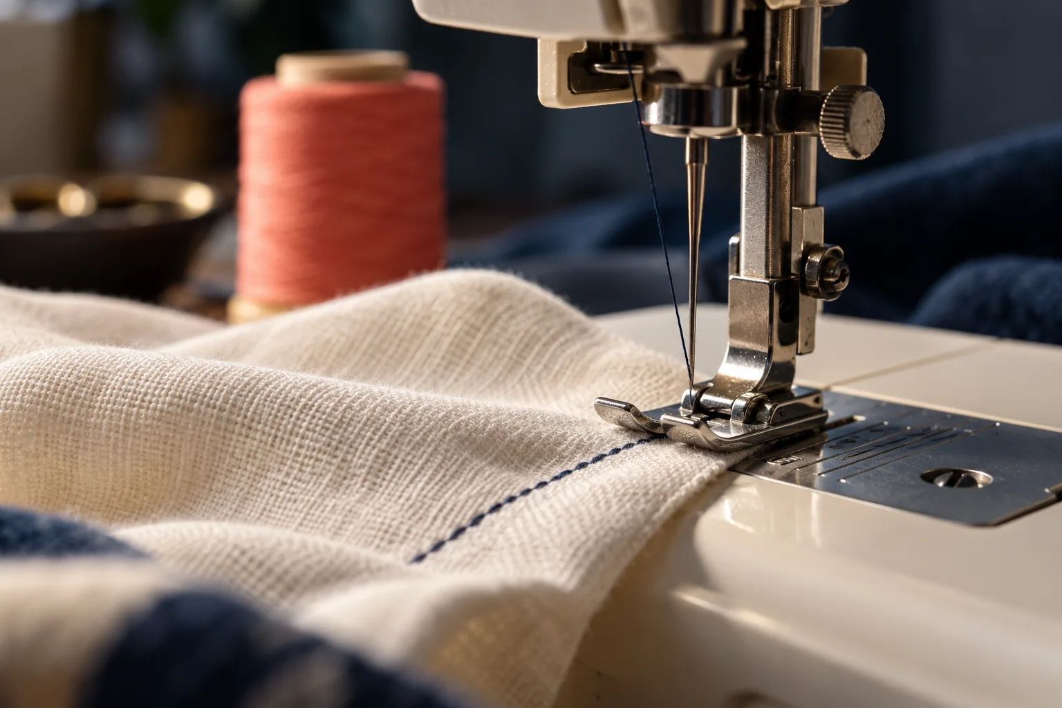 Generated editorial illustration: A sewing machine needle and presser foot above cream fabric with a short navy seam and coral thread spool softly out of focus, credible needle.