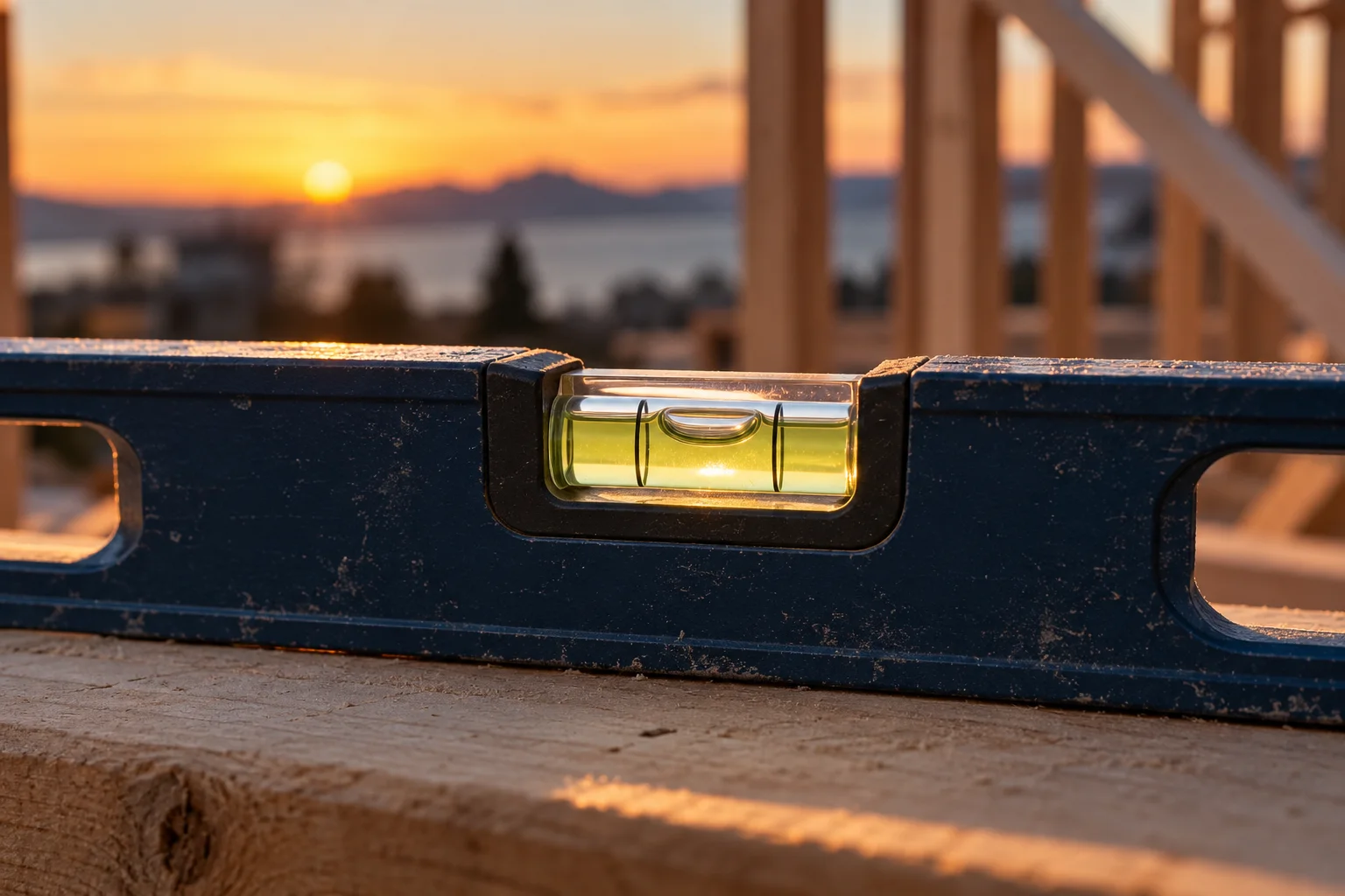Generated editorial illustration: A navy box spirit level with one clear vial and pale yellow liquid, a distinct air bubble between two short black index marks.