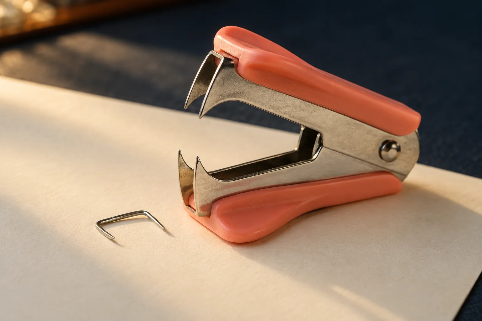 Generated editorial illustration of a hinged claw staple remover beside a bent staple on paper.