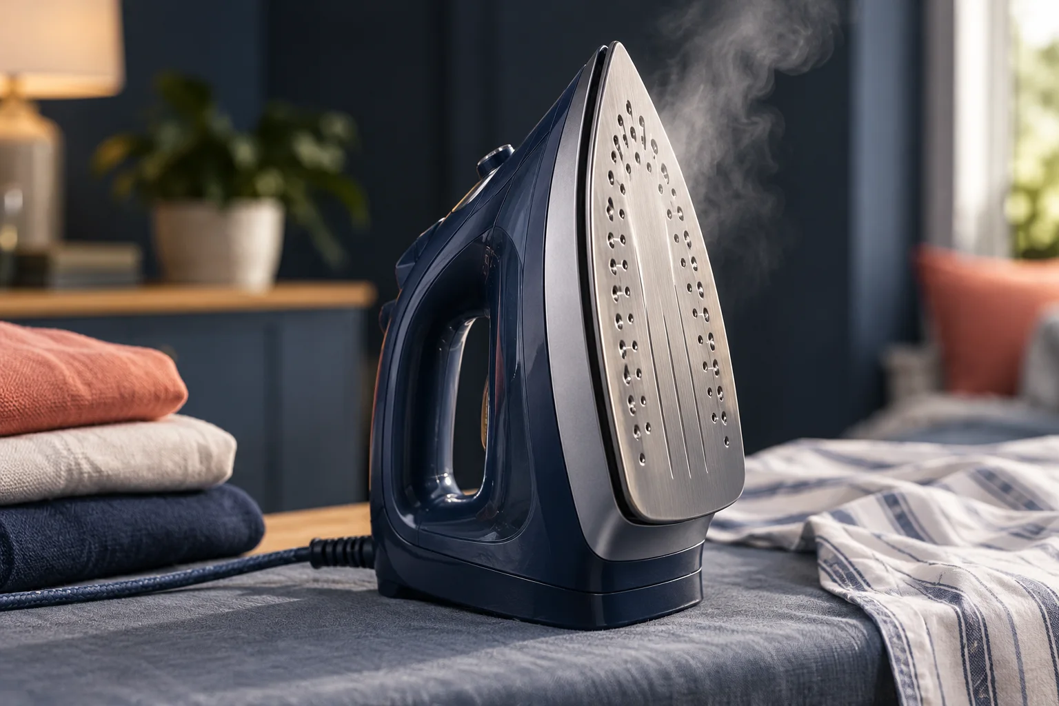 Generated editorial illustration of a steam iron with a silver soleplate and small steam outlets.