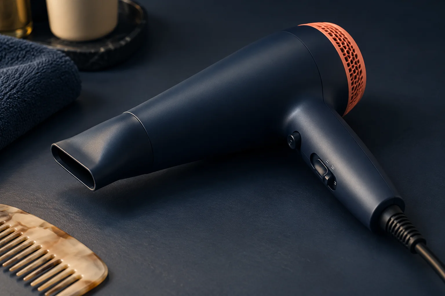 Generated editorial illustration of a navy hair dryer with a rear inlet grille and narrow outlet.