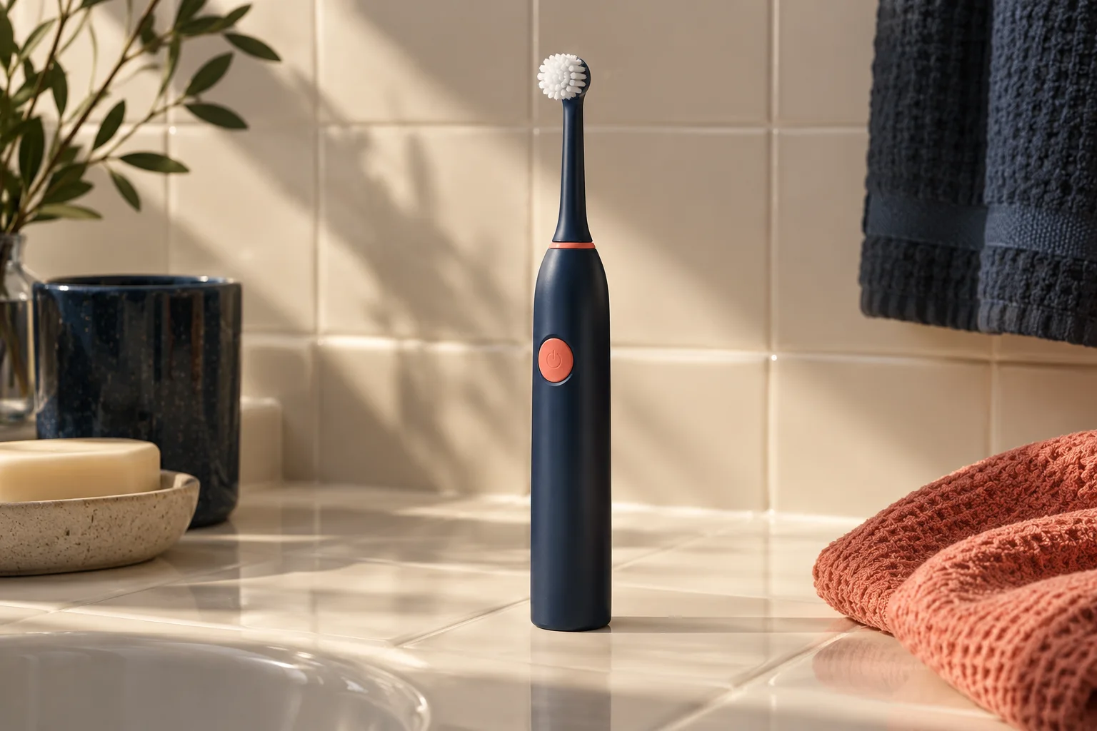Generated editorial illustration of a round-headed electric toothbrush with a navy handle.