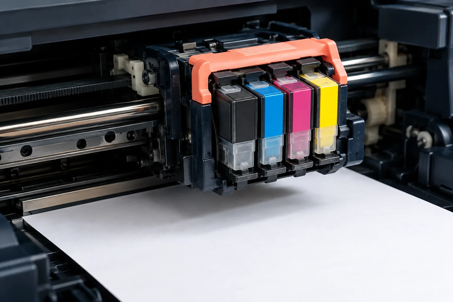 Generated editorial illustration of an inkjet carriage and cartridges above a sheet of paper.