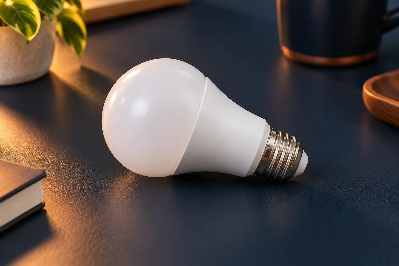 Generated editorial illustration of an unlit frosted LED bulb with a silver screw base on a navy desk.