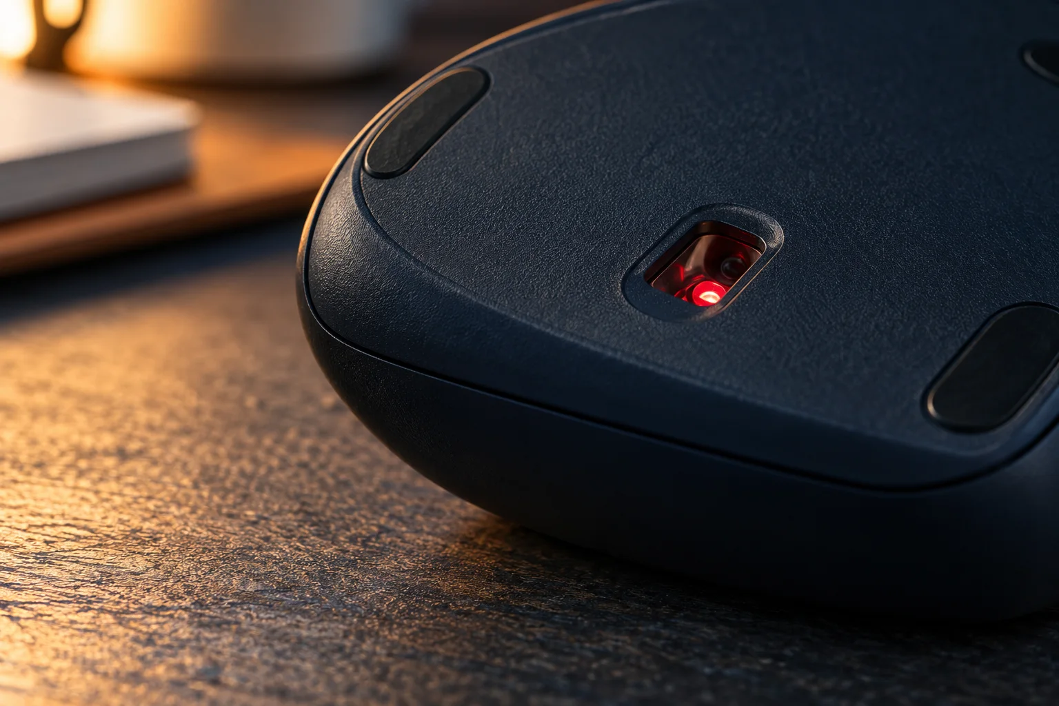 Generated editorial illustration of an optical mouse underside with a sensor window over a textured desk.