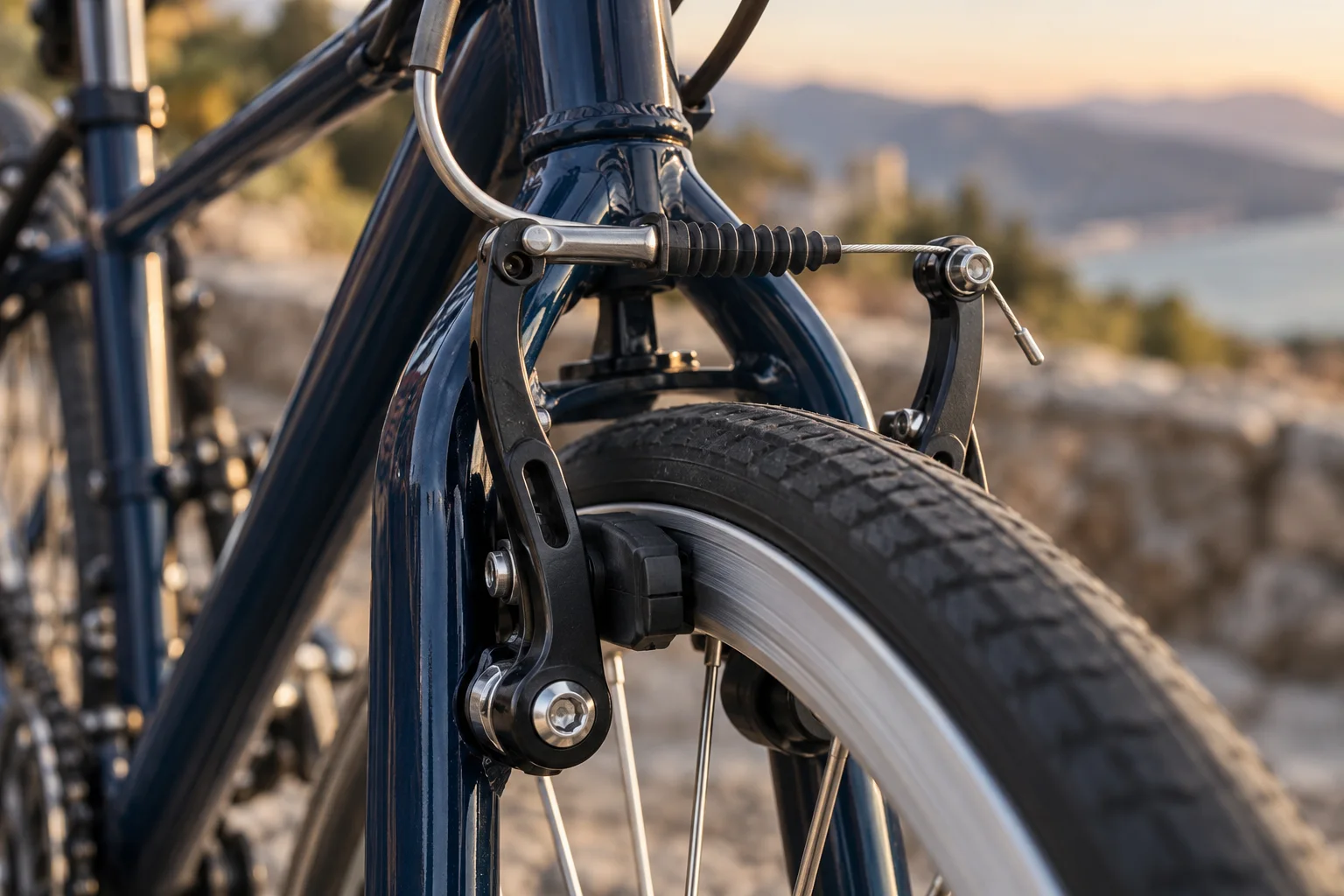 Generated editorial illustration: A close view of a real bicycle V-brake above a silver rim, two rubber pads facing the rim sidewalls and a curved cable noodle, navy frame.