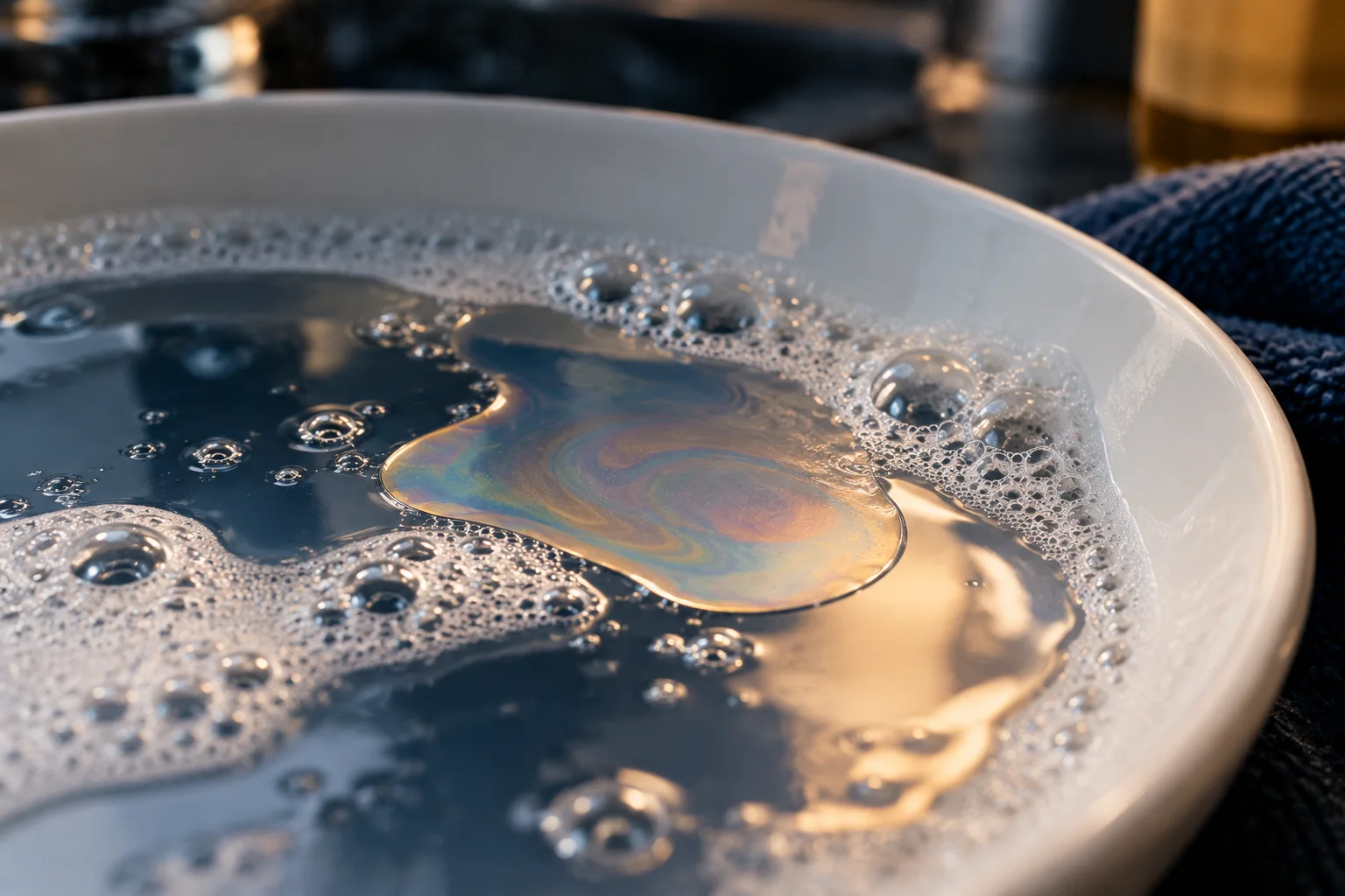 Generated editorial illustration: A restrained close-up of soapy water with a thin oil droplet at a white dish surface, navy reflections and tiny bubbles, no microscopic proof image.