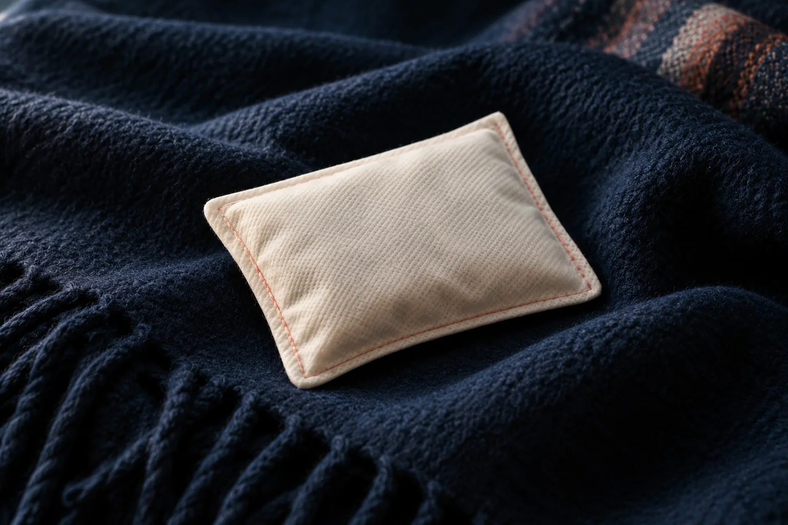 Generated editorial illustration: A plain small cream nonwoven hand-warmer pouch on navy winter fabric, one coral seam, no open powder or labeling.