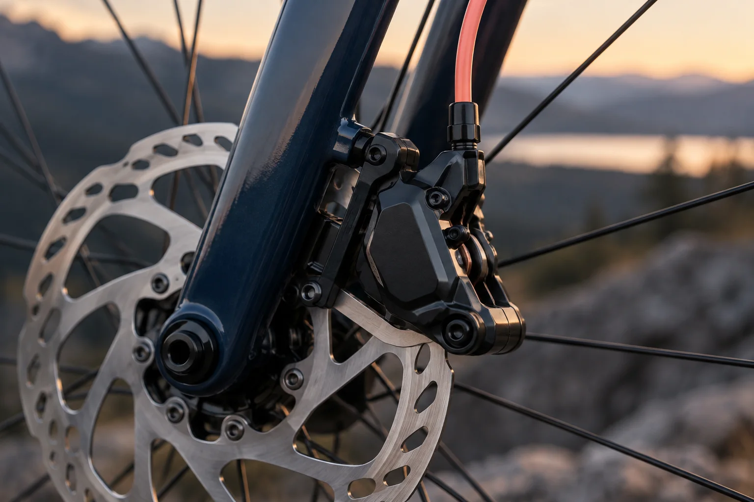 Generated editorial illustration: A recognizable bicycle disc-brake caliper straddling a silver rotor on a navy bike fork, coral hydraulic hose detail.