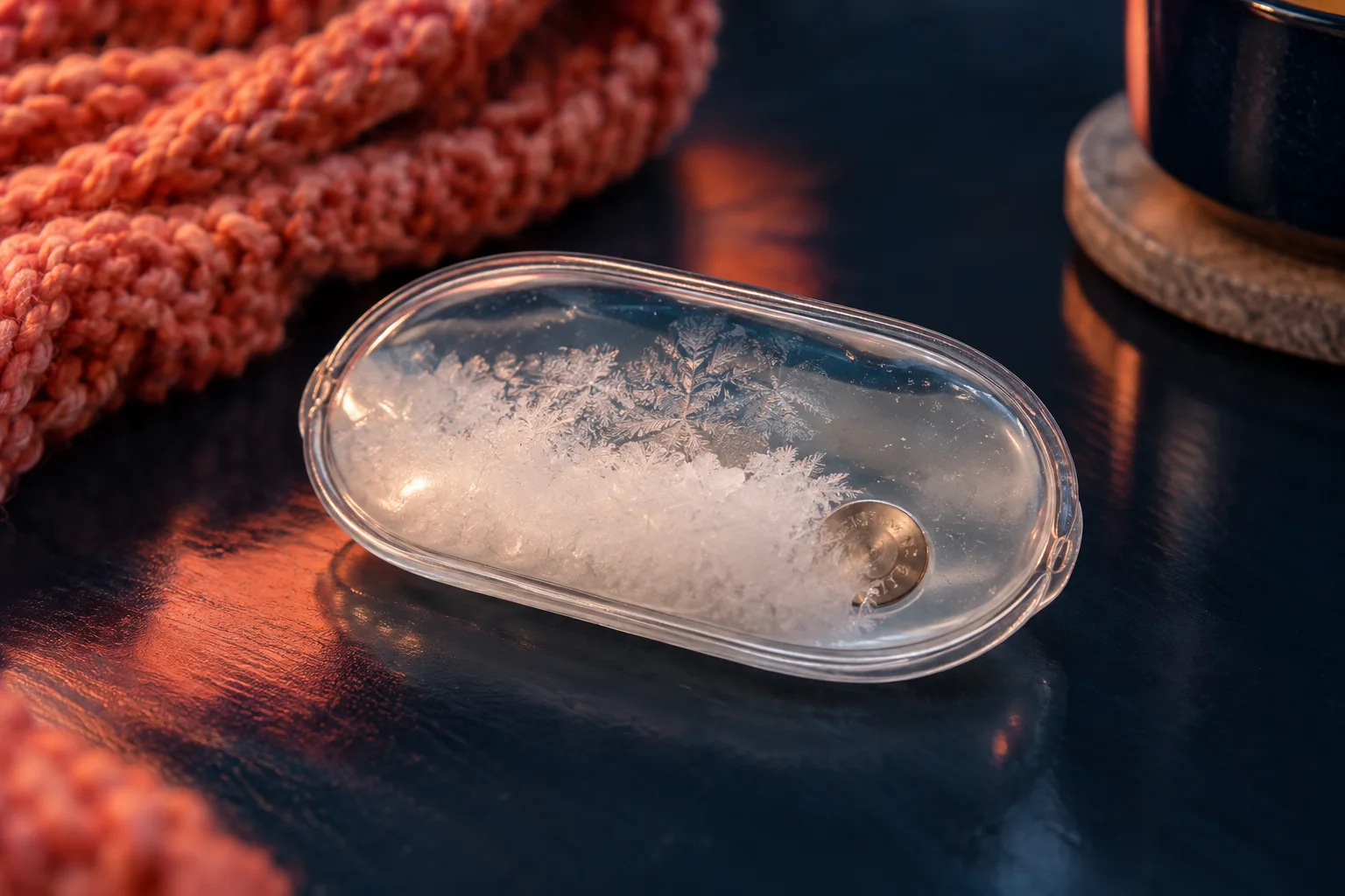 Generated editorial illustration: A clear sealed oval gel hand warmer with pale crystals partly formed and one small round metal click disc, navy background with coral reflection.