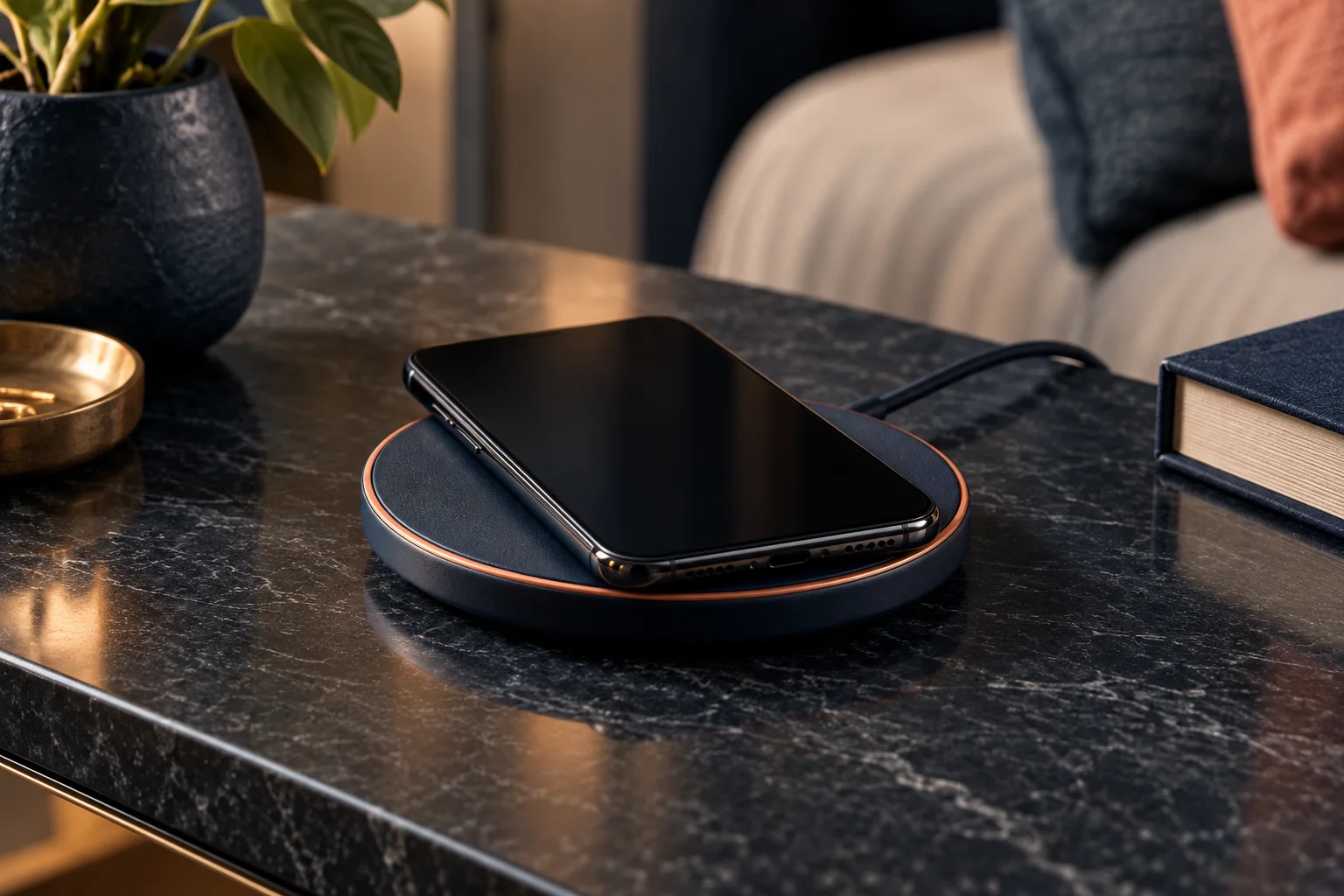 Generated editorial illustration of a phone centered on a round charging pad.