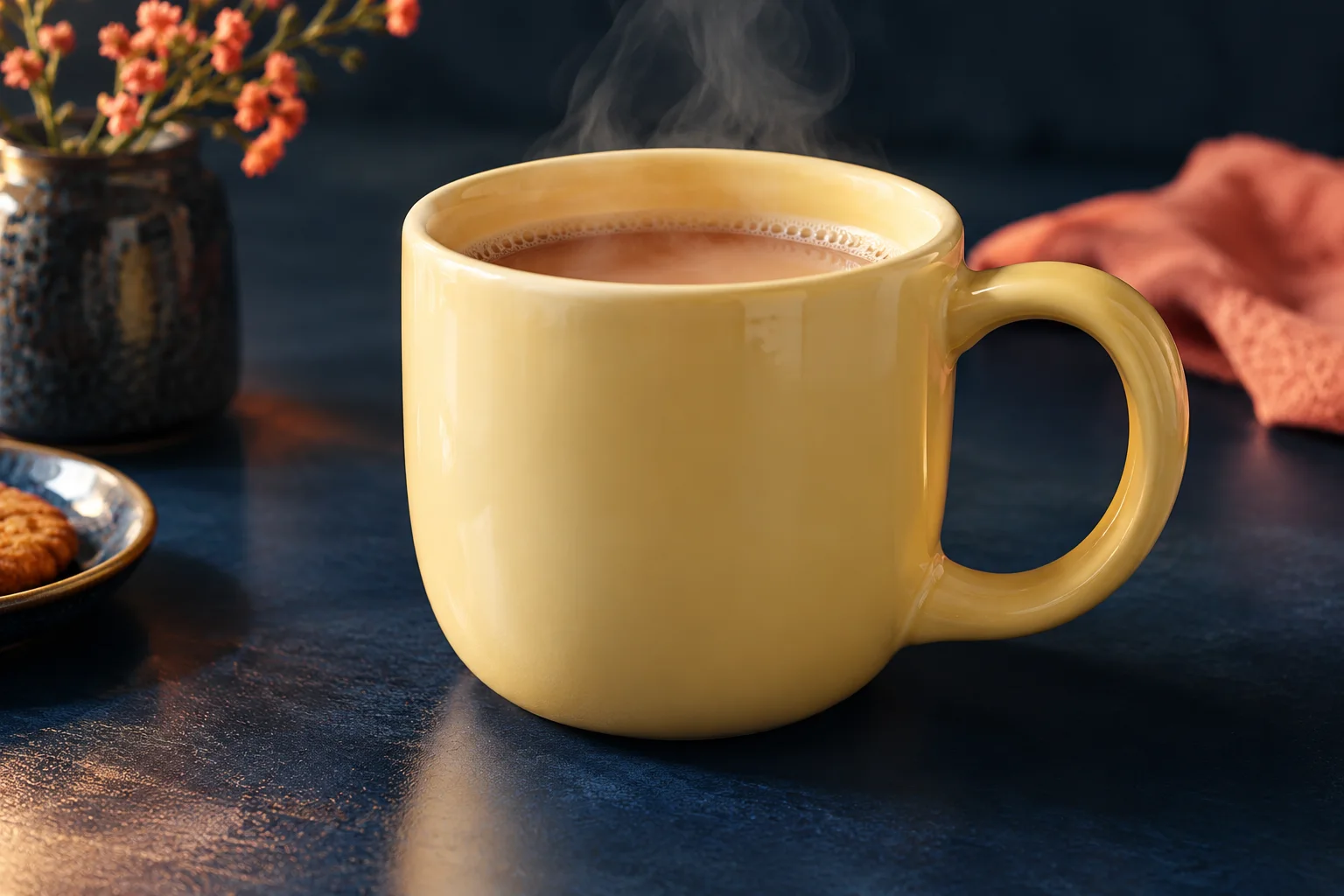 Generated editorial illustration: A plain butter-yellow ceramic mug with a generous loop handle and warm drink inside, subtle vapor, navy tabletop, no hand.