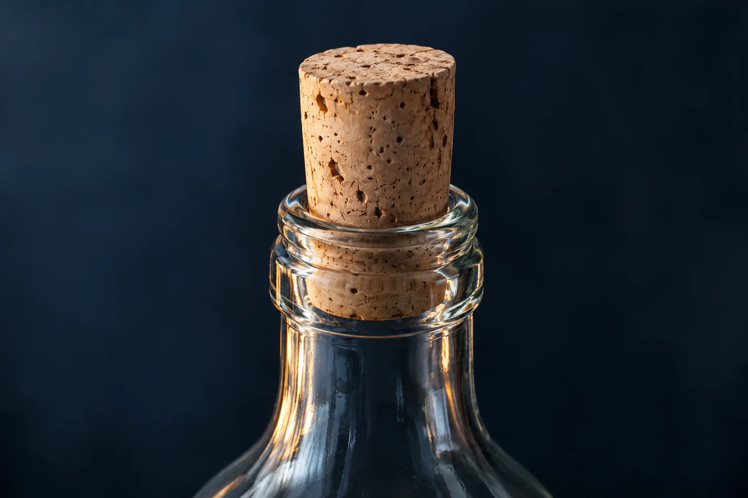 Generated editorial illustration: A natural cylindrical wine cork partly inserted into the neck of an empty clear glass bottle, tactile cork pores, navy backdrop.