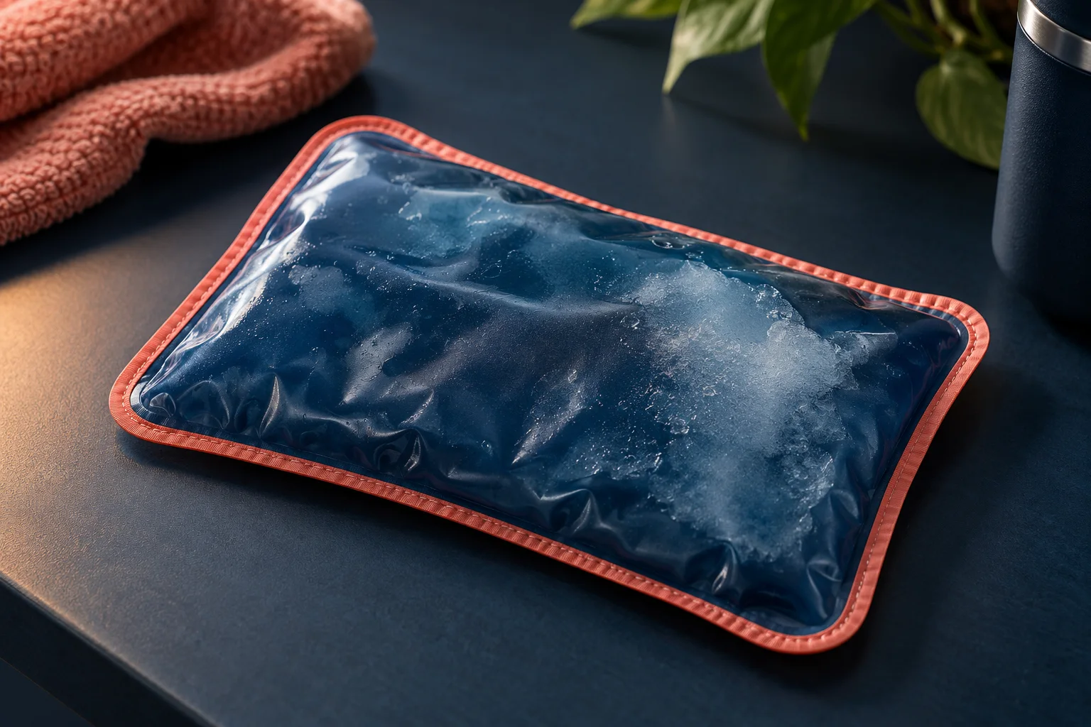 Generated editorial illustration: A sealed translucent navy gel ice pack with a frosted patch and soft corner on a navy tabletop, coral edge seam, no medical symbols.