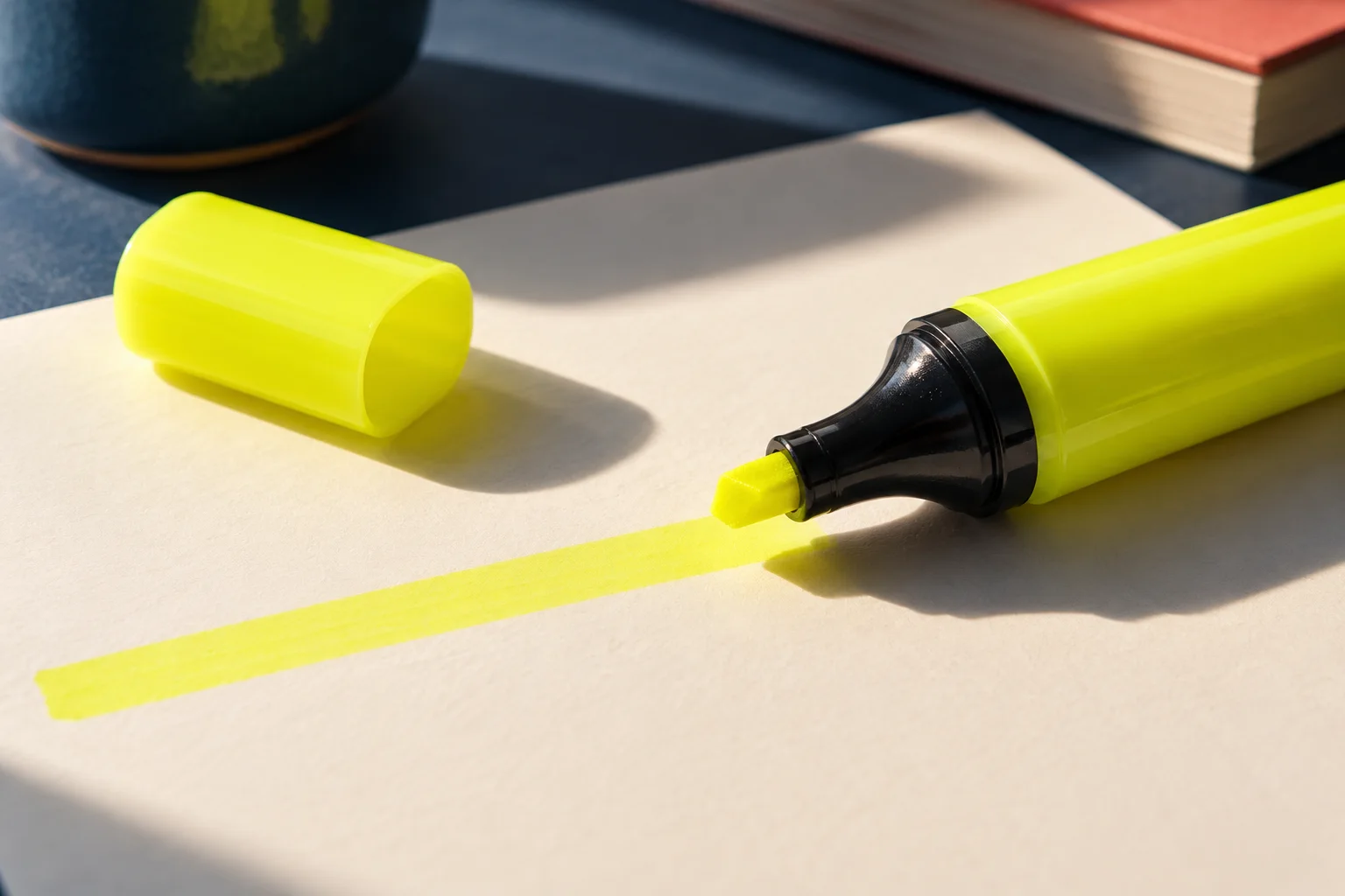 Generated editorial illustration of a yellow highlighter and a translucent bright mark on paper.
