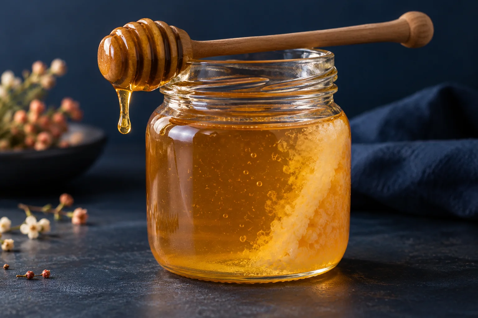 Generated editorial illustration: A clear glass jar containing pale amber honey with visible fine creamy crystals near one side, a simple wooden dipper, navy background.