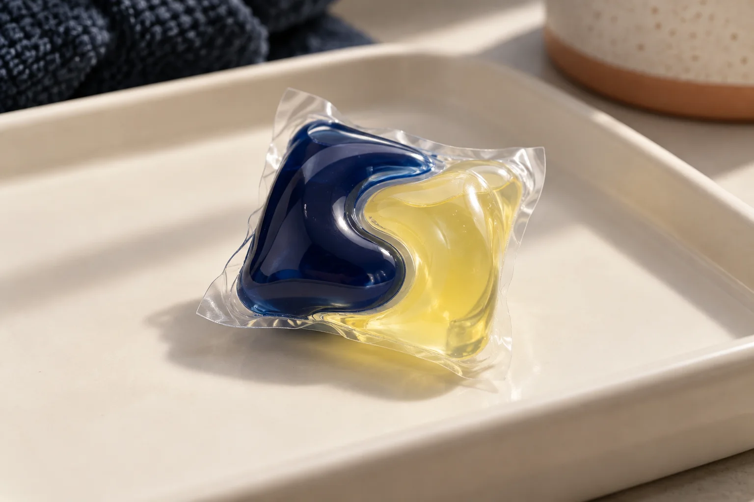 Generated editorial illustration: One sealed laundry detergent pod with translucent water-soluble film around navy and pale yellow liquid chambers, isolated on a simple cream tray, no food styling.