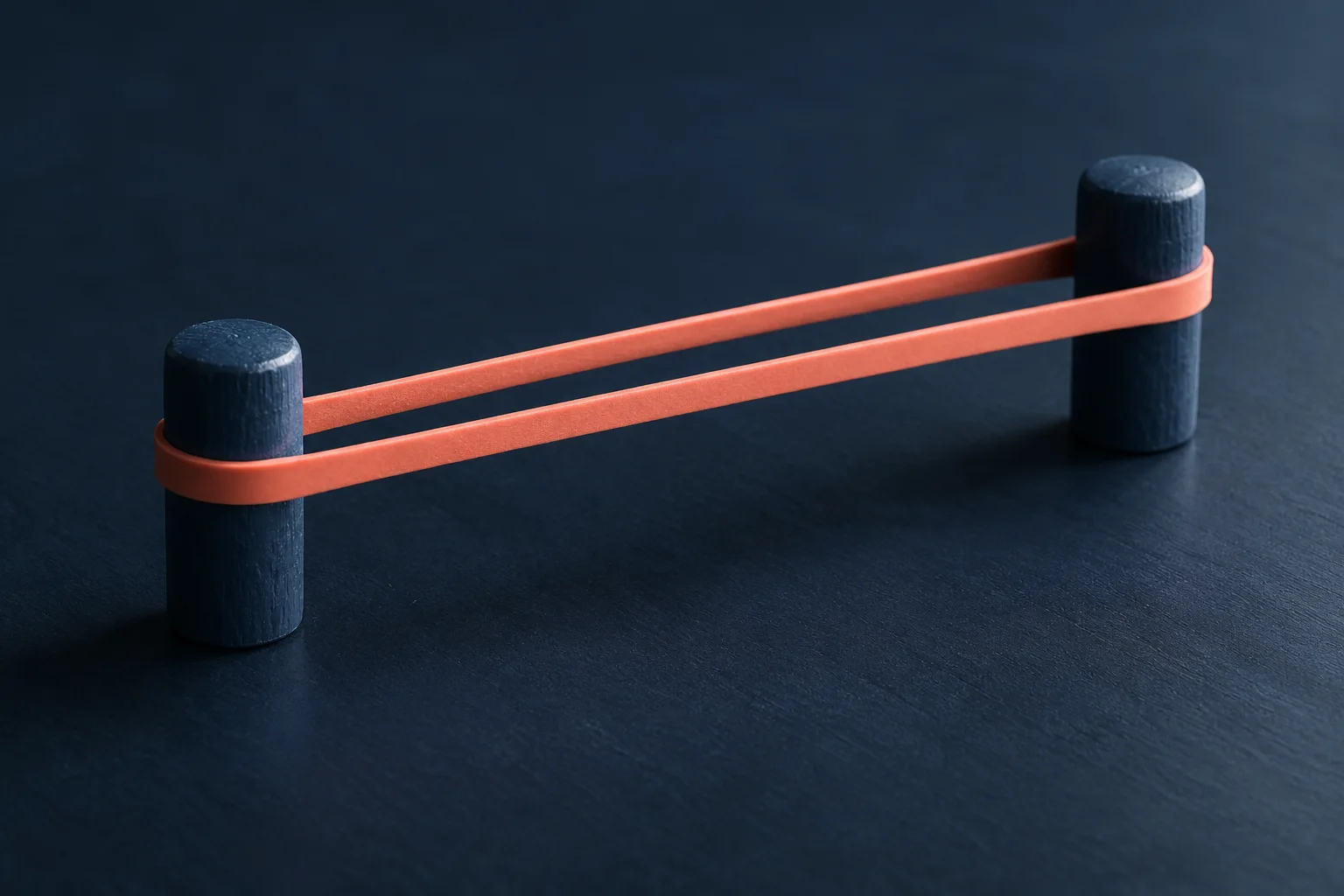 Generated editorial illustration: A single coral rubber band stretched between two plain navy wooden pegs on a navy surface, clear loop geometry and natural tension.