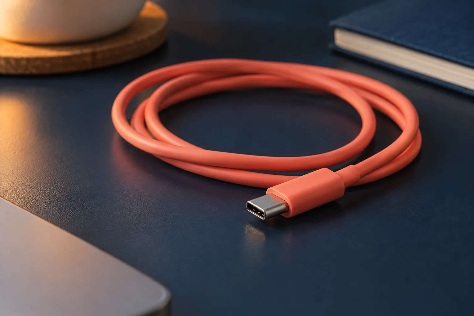 Generated editorial illustration of a reversible USB-C plug on a coral cable.