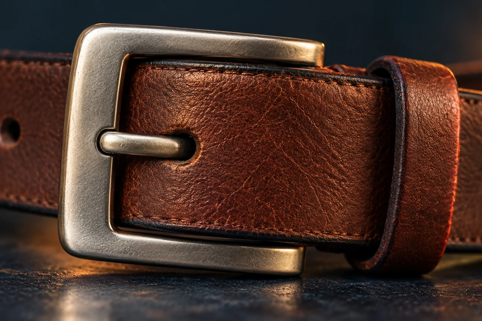 Generated editorial illustration: A silver frame buckle with its prong seated through a hole in a brown leather belt.