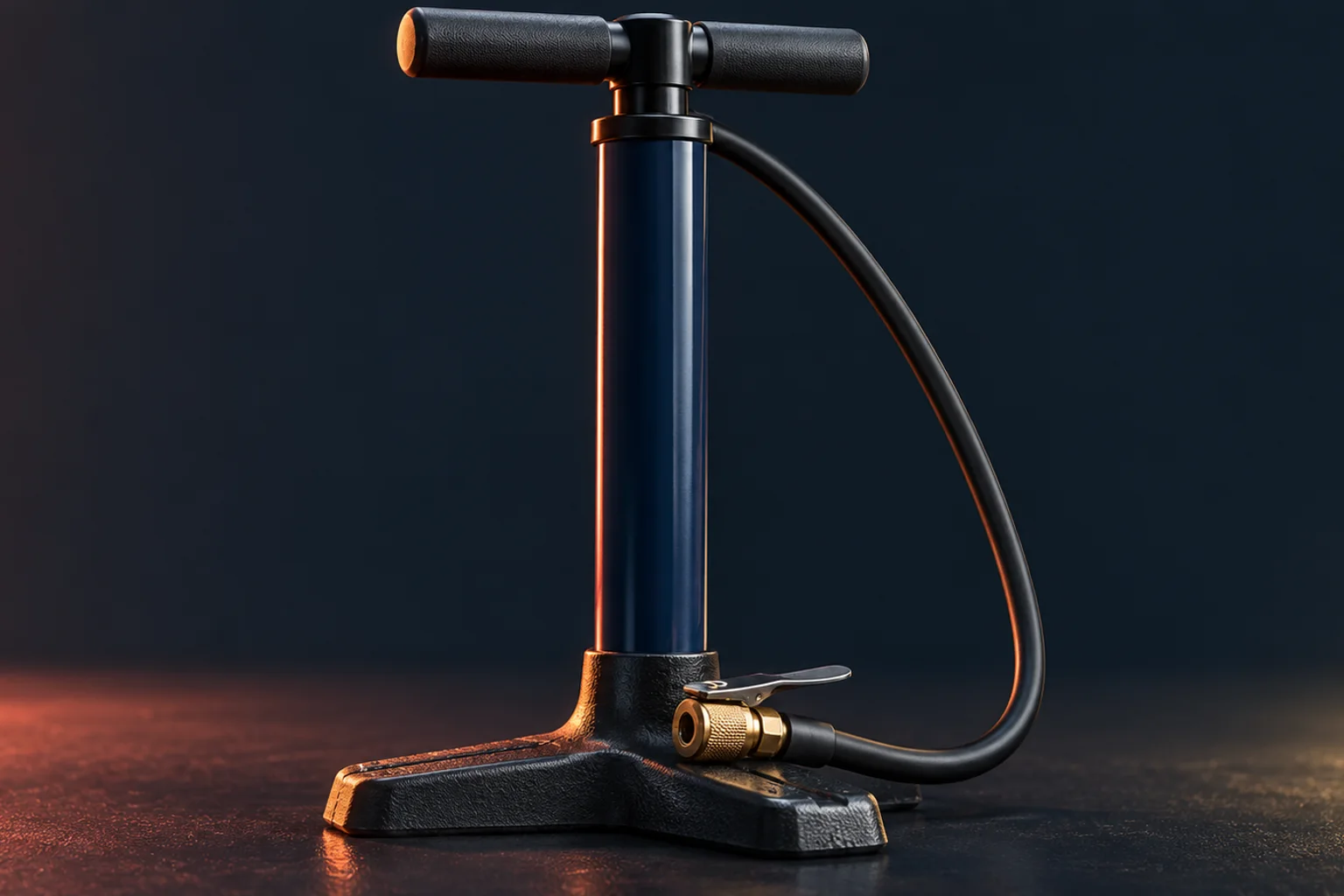 Generated editorial illustration: A navy bicycle floor pump with a T handle, foot base and looped air hose.
