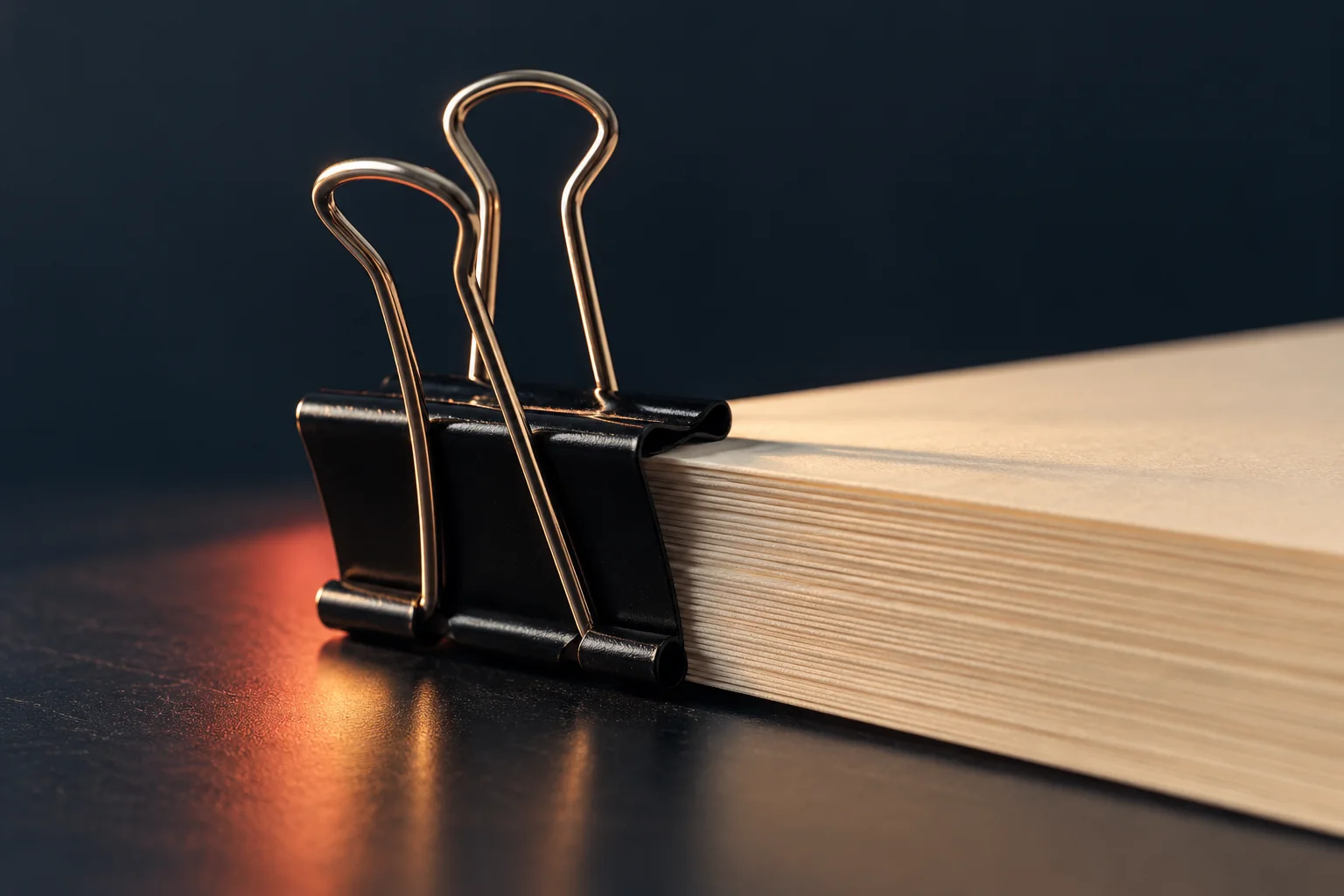 Generated editorial illustration: A black binder clip with raised silver wire handles gripping a stack of cream paper.