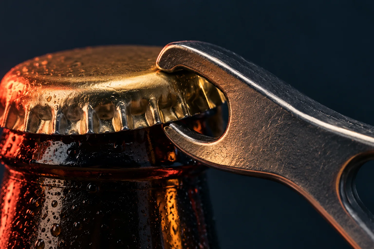 Generated editorial illustration: A steel bottle opener engaging the edge of an unbranded crown cap.