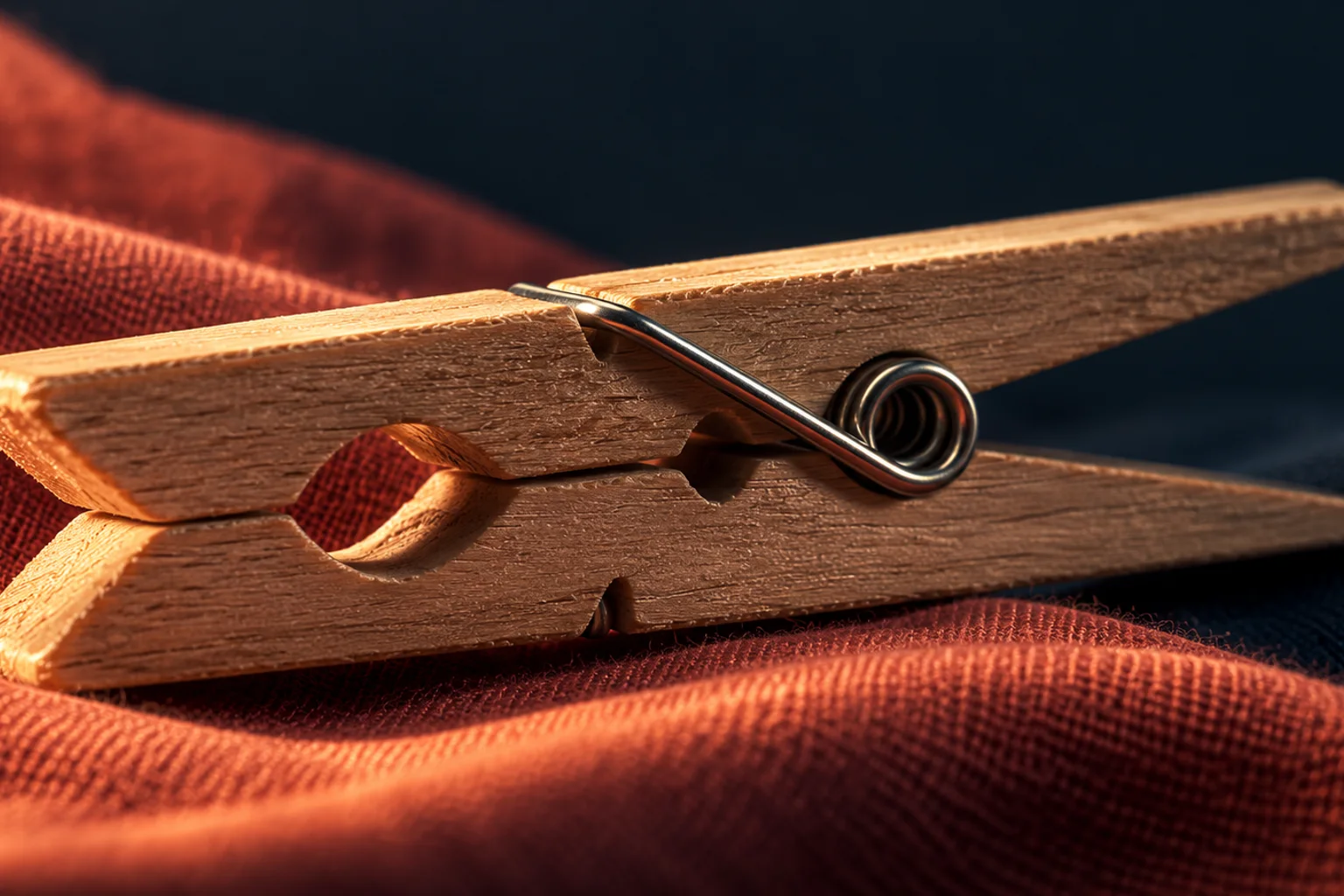 Generated editorial illustration: A wooden clothespin with its steel coil spring resting on coral fabric.