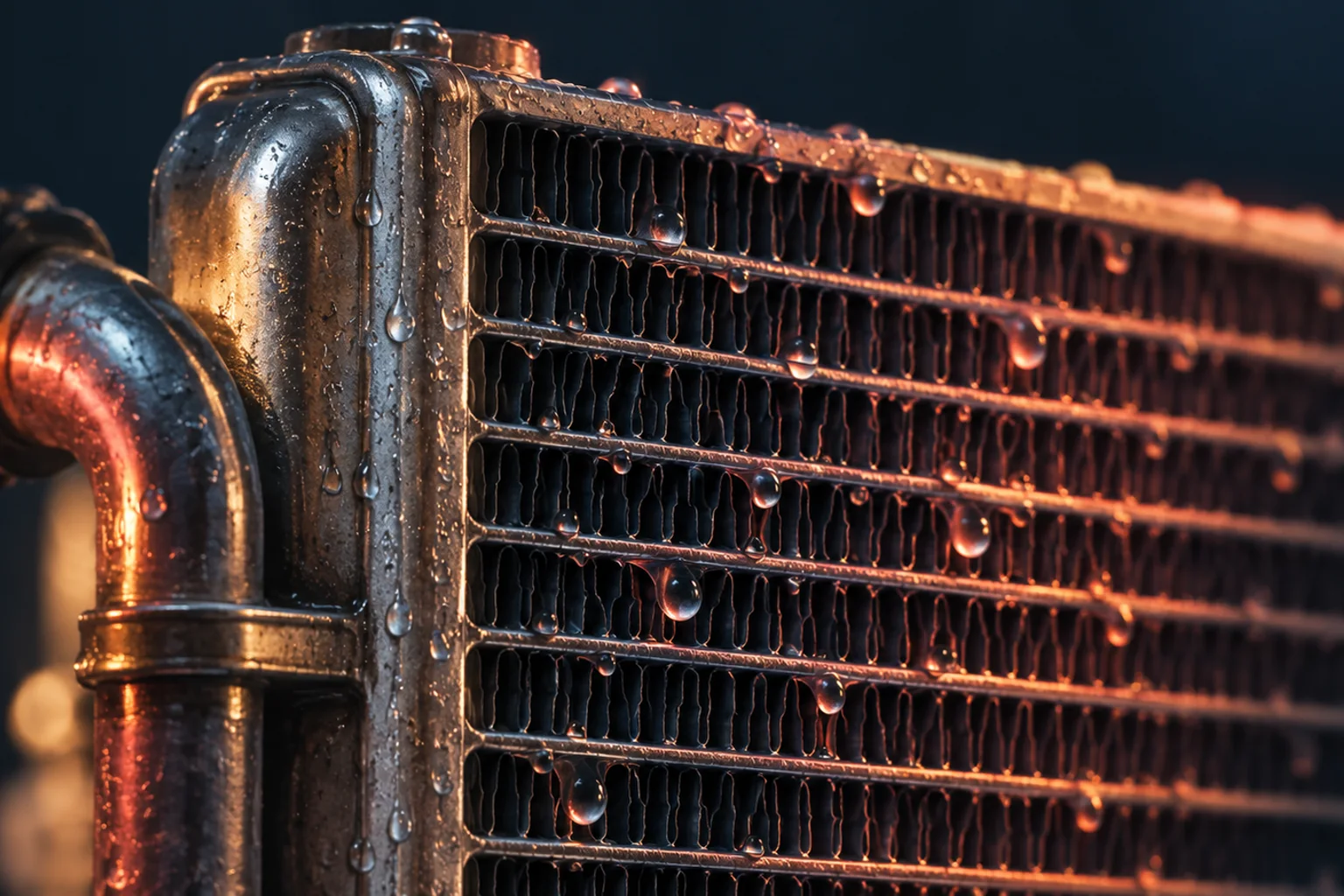 Generated editorial illustration: Water droplets on the metal fins of a heat exchanger.