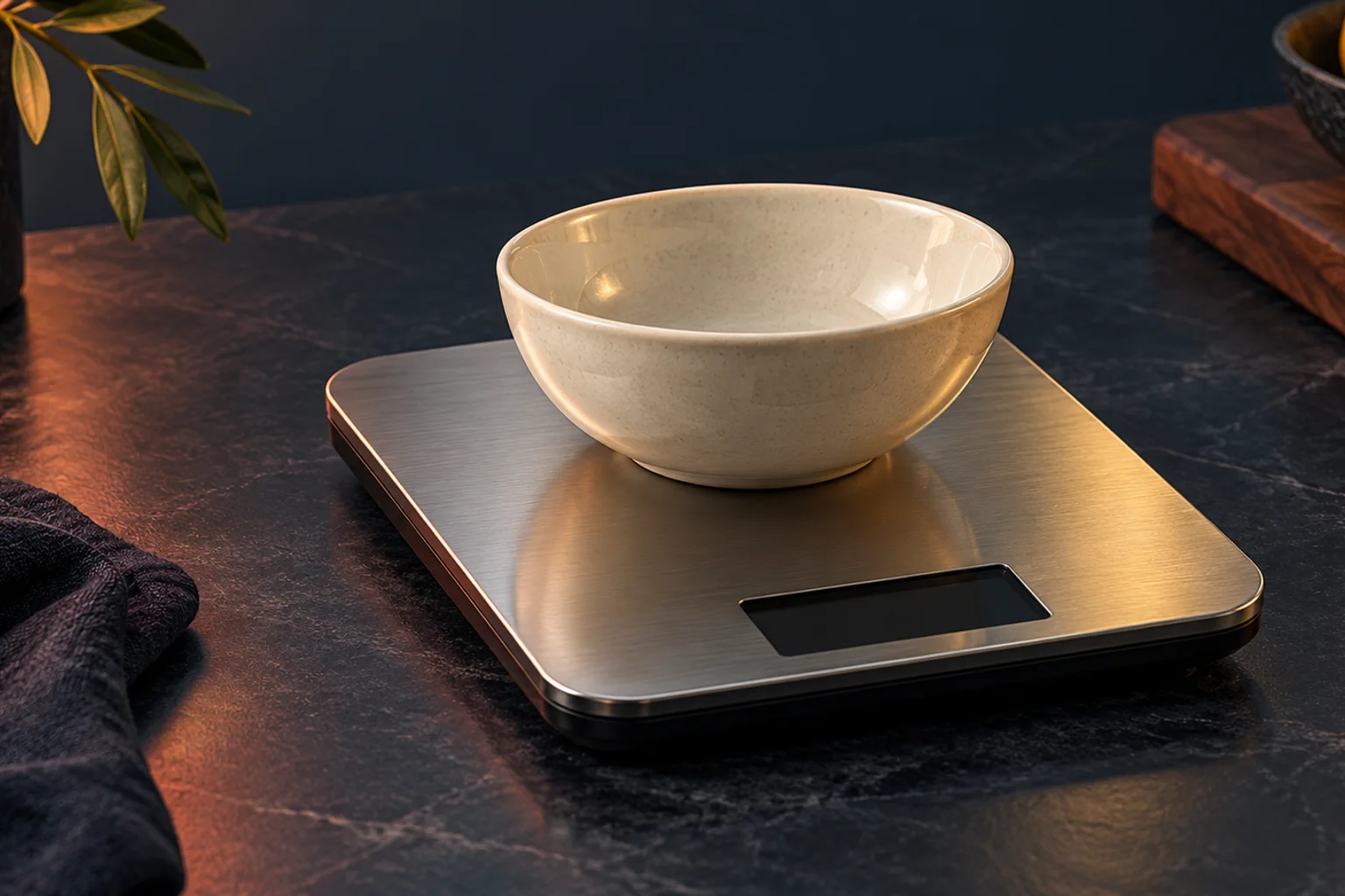 Generated editorial illustration: A steel digital kitchen scale with a blank display and a cream bowl on its platform.