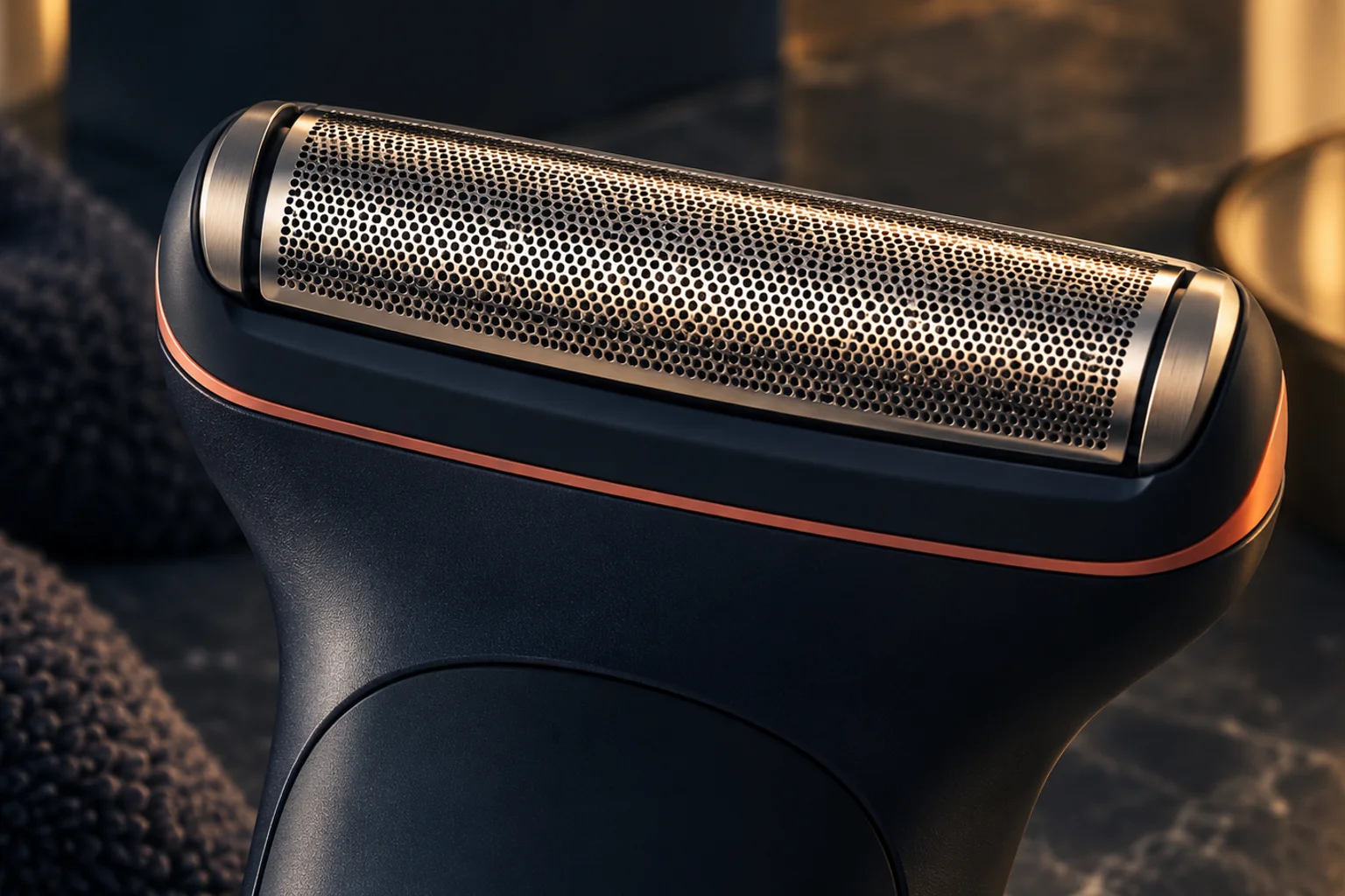 Generated editorial illustration: The curved perforated metal head of an electric foil shaver above its dark handle.