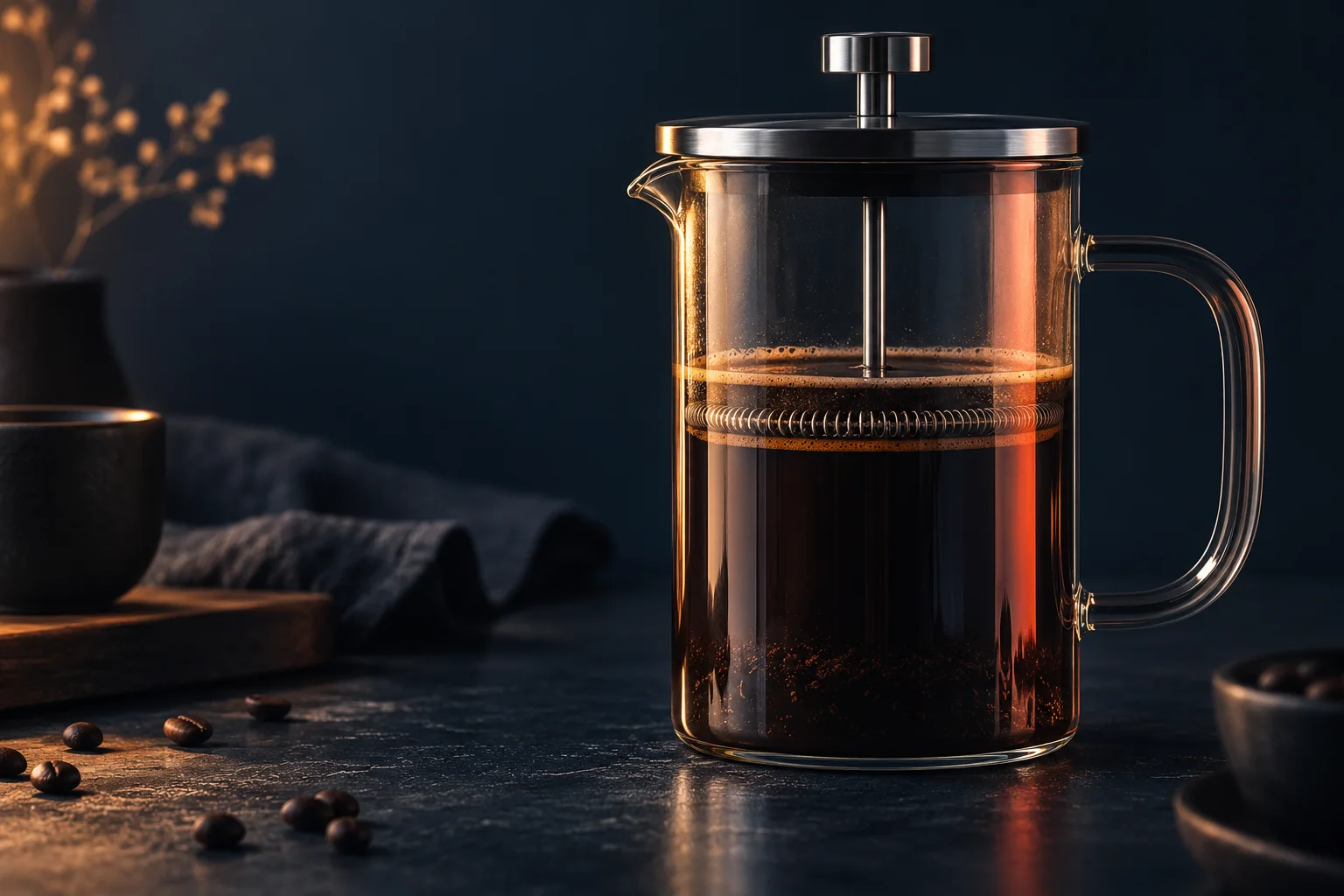 Generated editorial illustration: A glass French press holding coffee, with a central plunger rod and mesh filter.