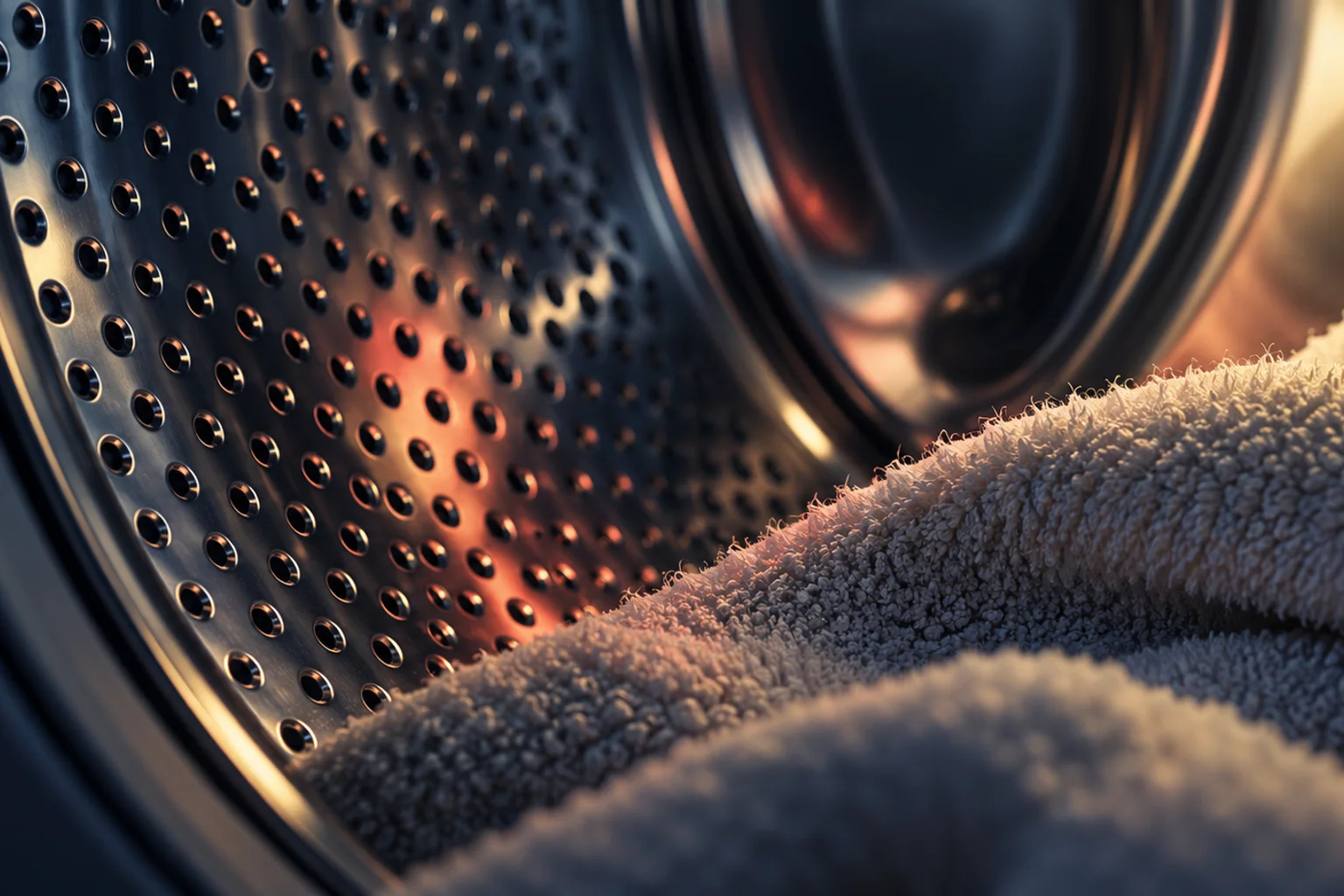 Generated editorial illustration: A perforated steel dryer drum beside the textured edge of a towel.