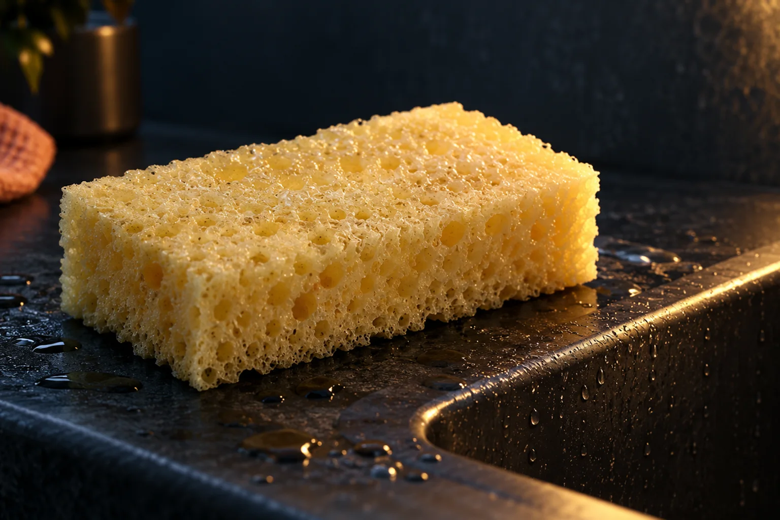 Generated editorial illustration: A wet pale-yellow cellulose sponge resting beside a dark sink.