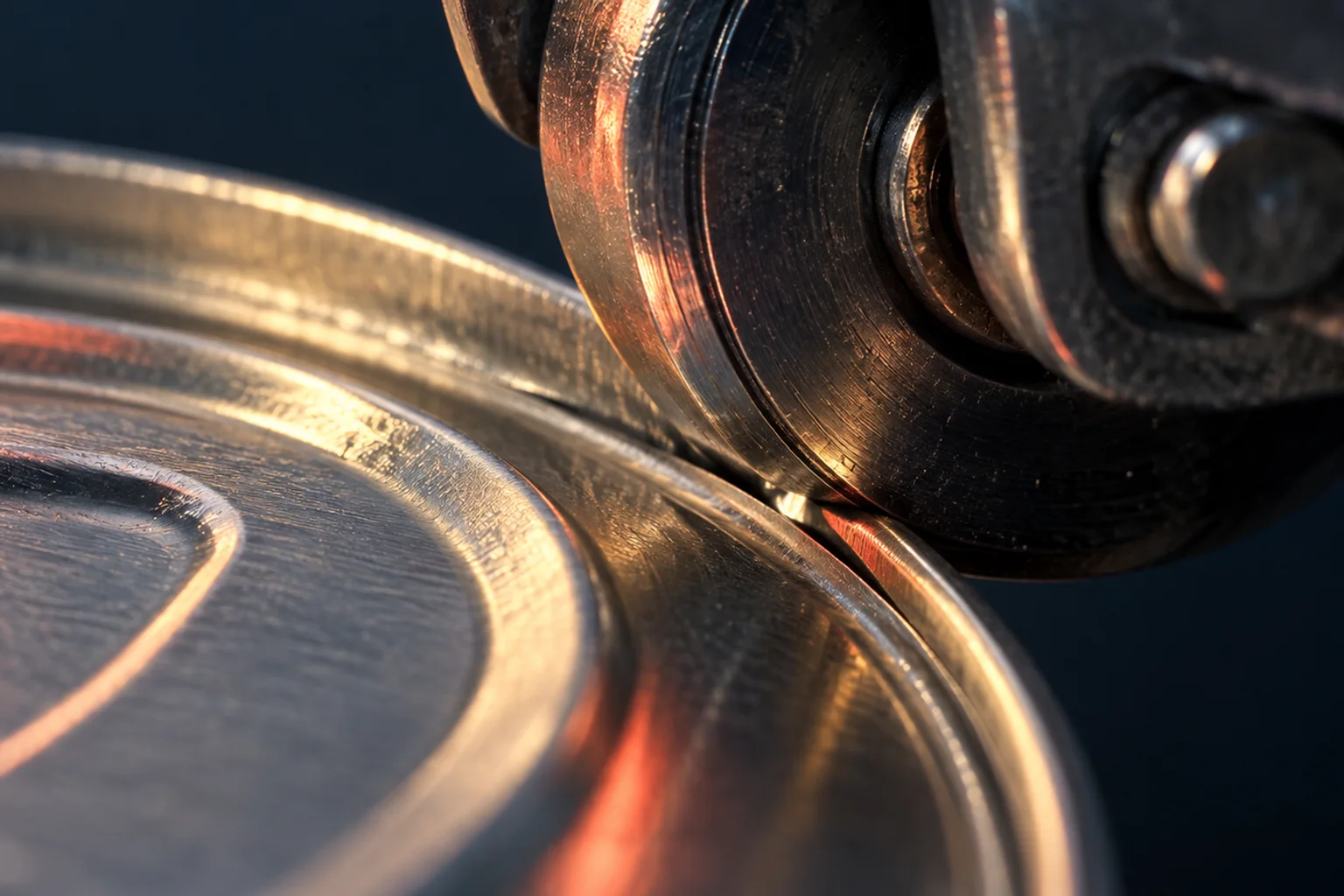 Generated editorial illustration: A manual can opener's cutting wheel beside a metal can rim.
