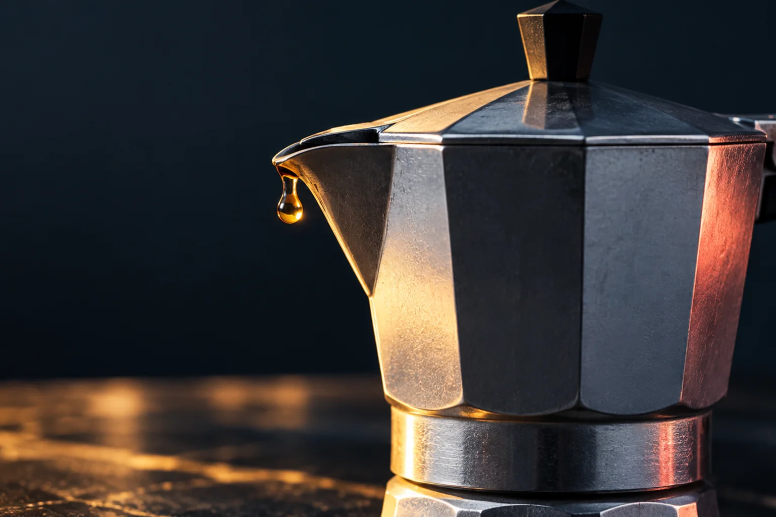 Generated editorial illustration: The faceted aluminum upper chamber and spout of a moka pot.