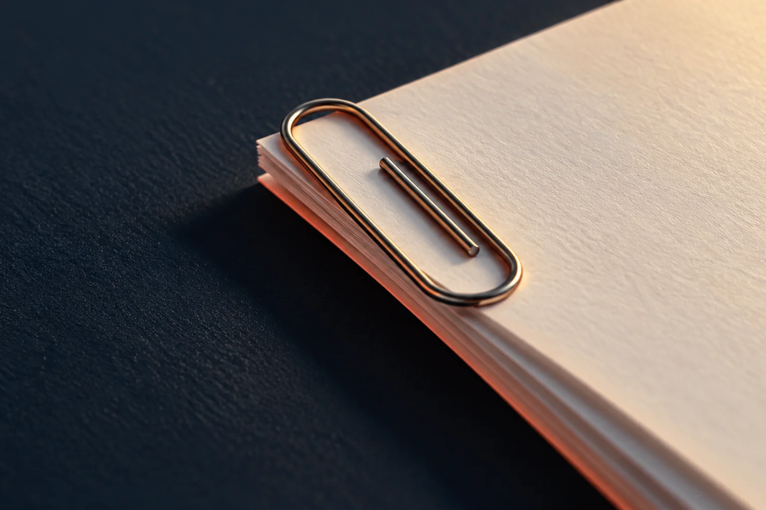 Generated editorial illustration: A silver paper clip holding the edge of several cream paper sheets.