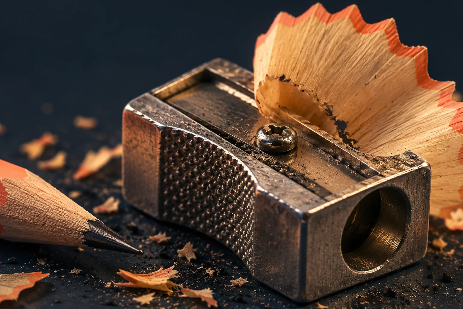 Generated editorial illustration: A metal pencil sharpener beside a sharpened pencil and curled wood shavings.