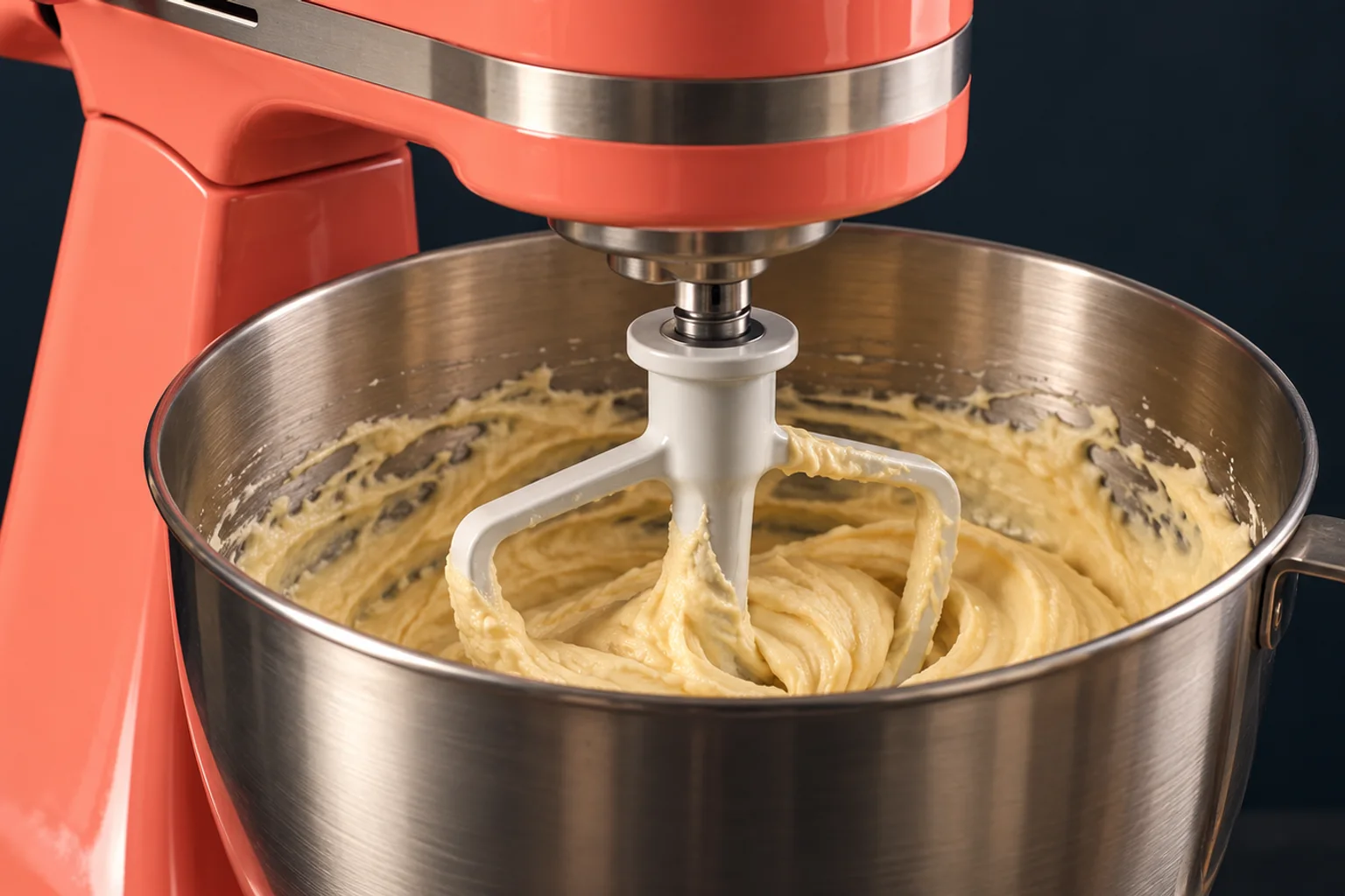 Generated editorial illustration: A coral stand mixer with a flat paddle over batter in a steel bowl.