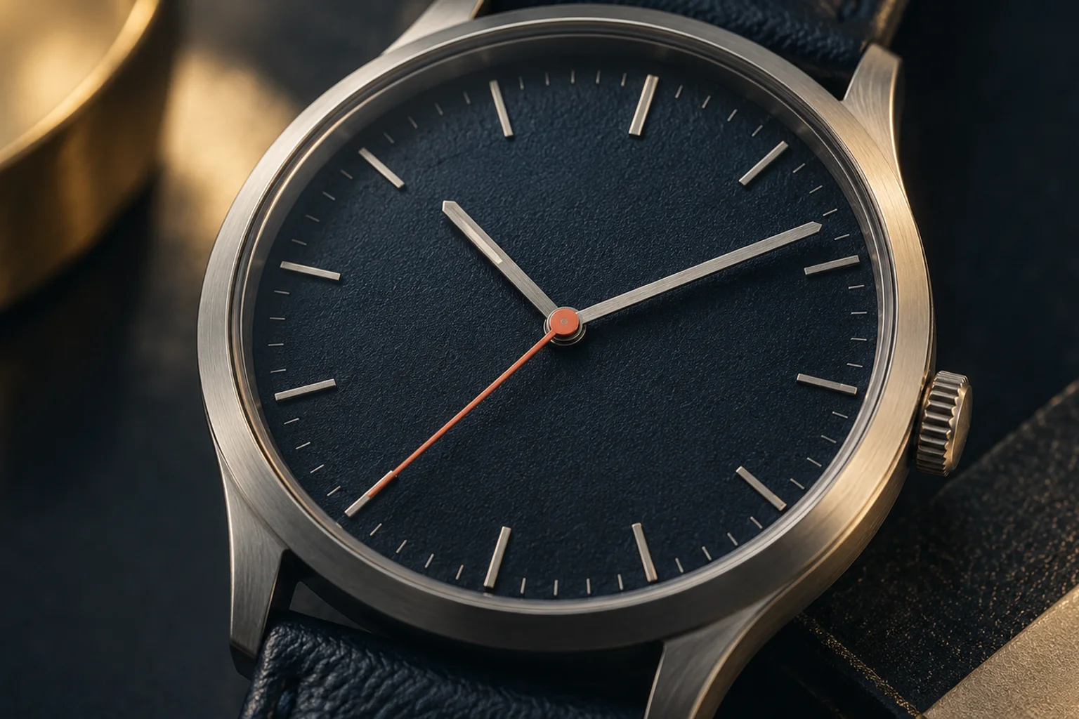 Generated editorial illustration: An analog watch with a navy dial, silver hands and a coral second hand.