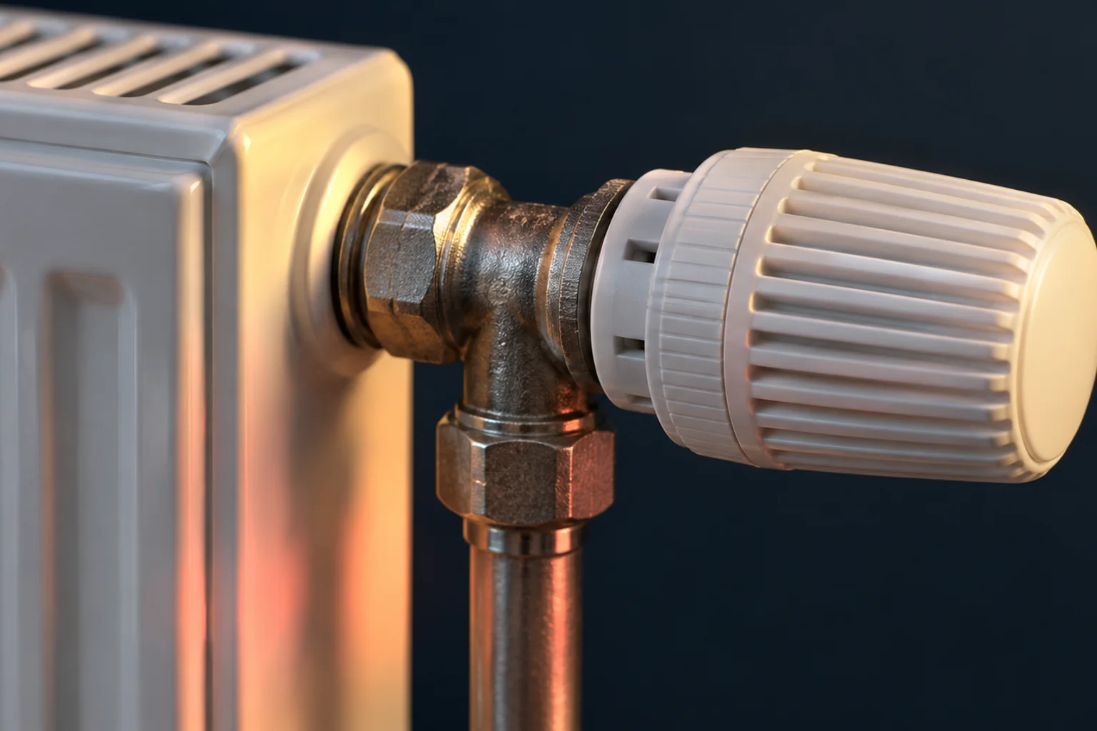 Generated editorial illustration: A white ribbed thermostatic valve head attached to a panel radiator.