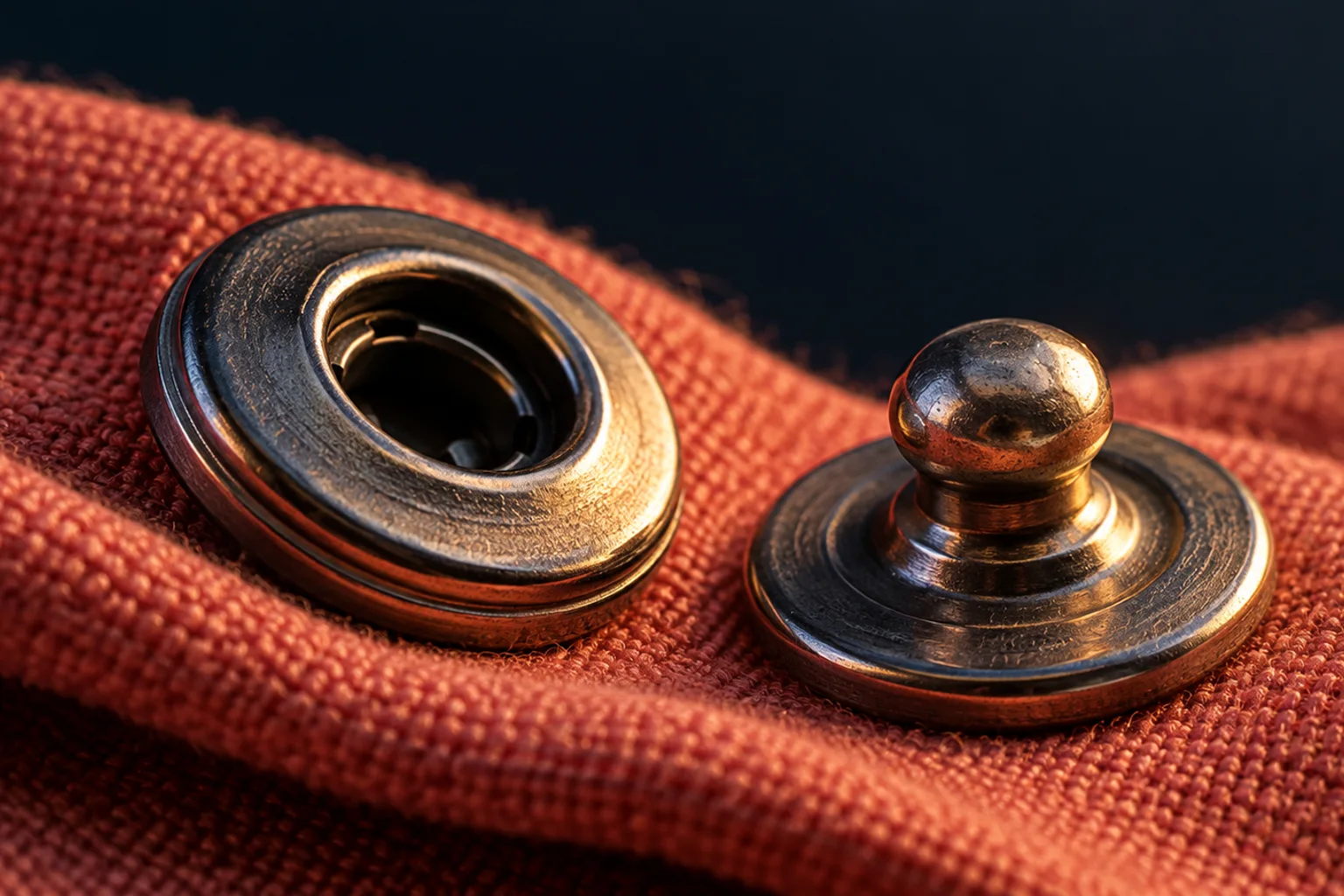 Generated editorial illustration: The socket and stud halves of a metal snap fastener on coral fabric.