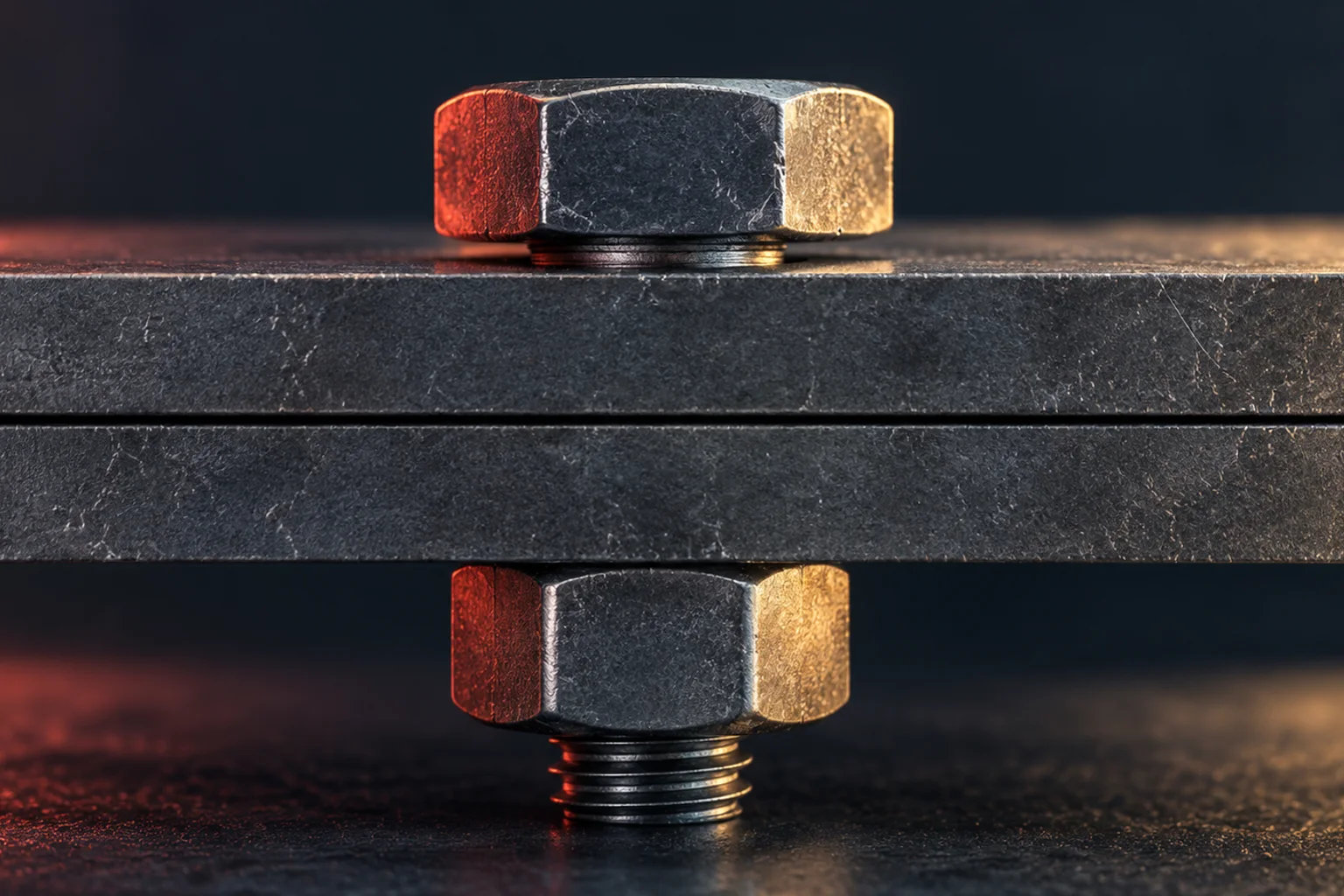 Generated editorial illustration: A steel bolt and nut holding two stacked metal plates together.