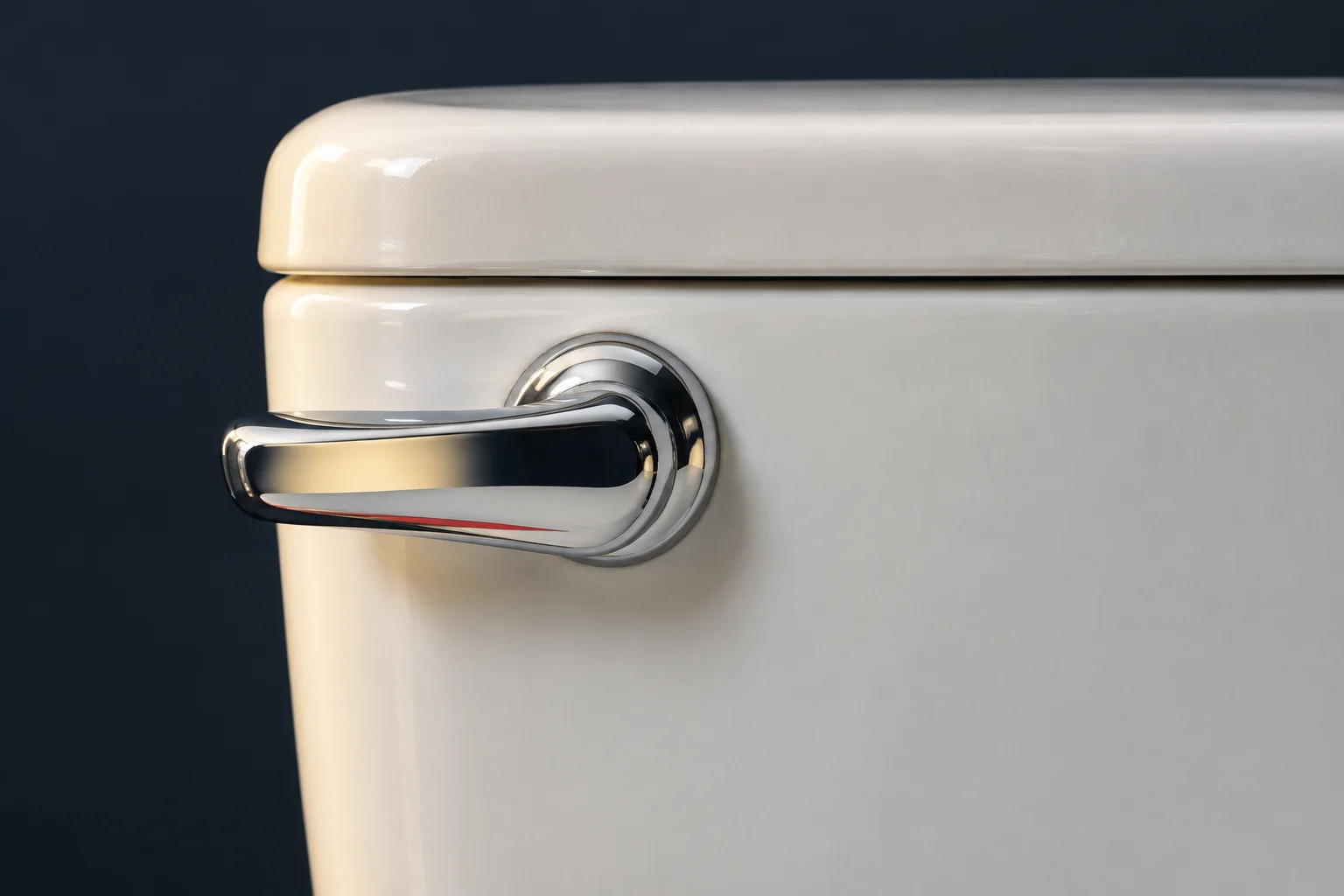 Generated editorial illustration: A chrome flush lever on the corner of a white porcelain toilet tank.