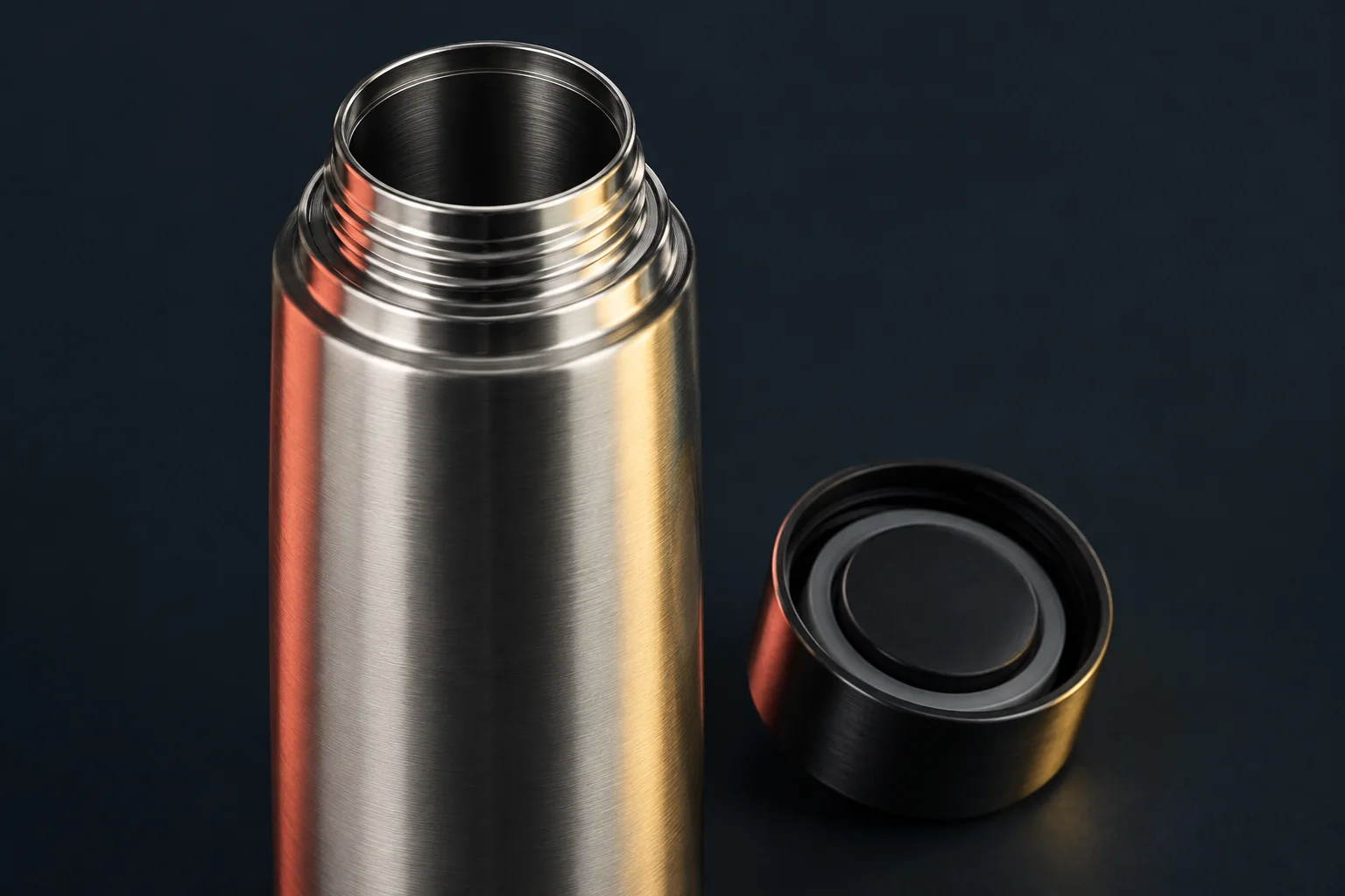 Generated editorial illustration: An open brushed-steel vacuum flask with its dark cap resting beside it.