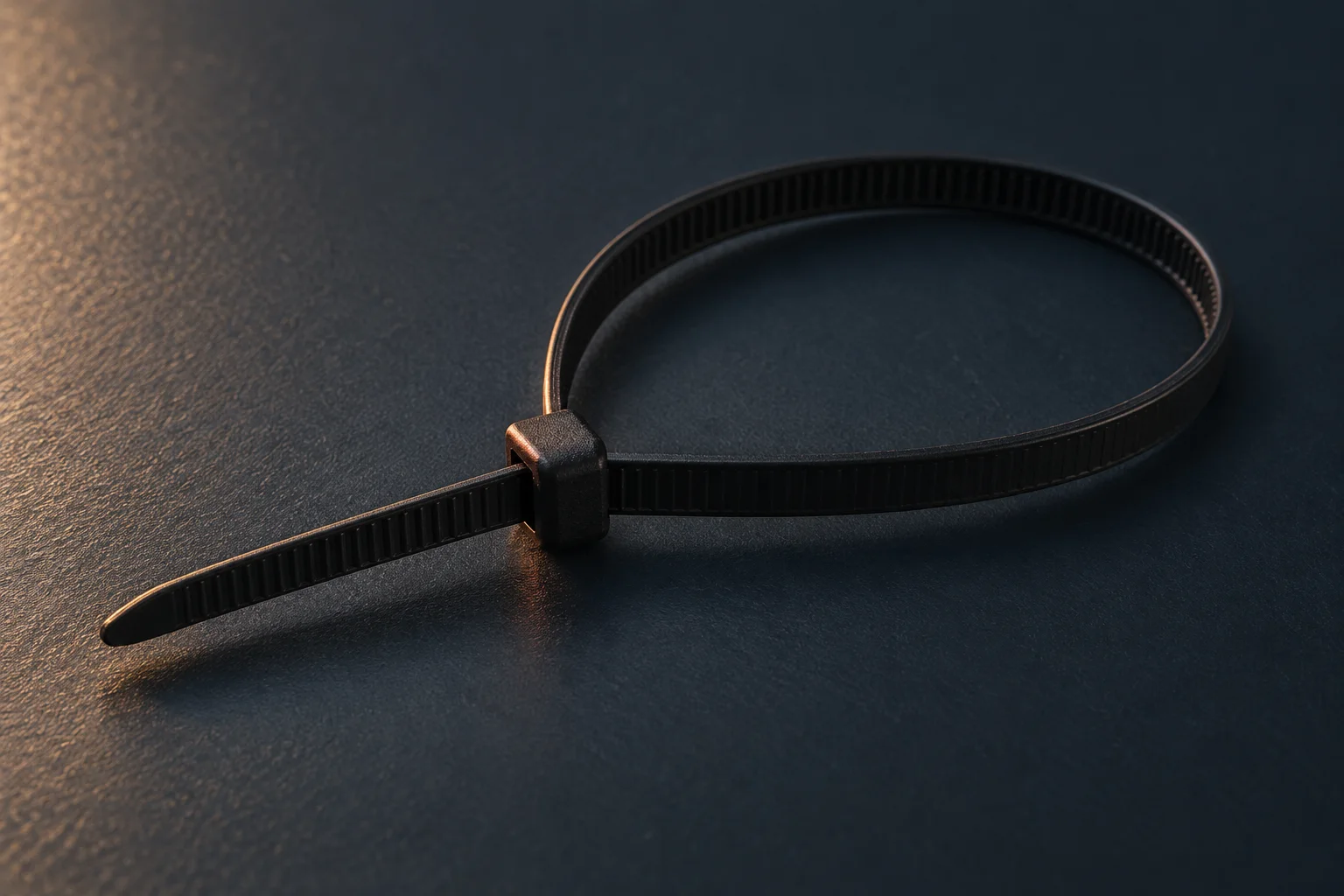 Generated editorial illustration: A black nylon cable tie closed into a loop, with its compact head and free tail visible.
