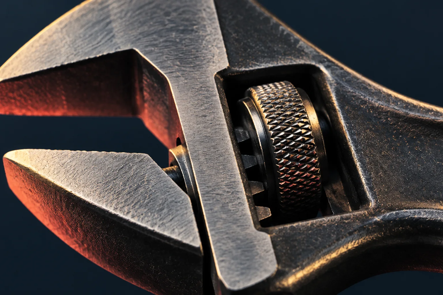 Generated editorial illustration: An adjustable wrench's steel jaws and textured adjusting wheel.