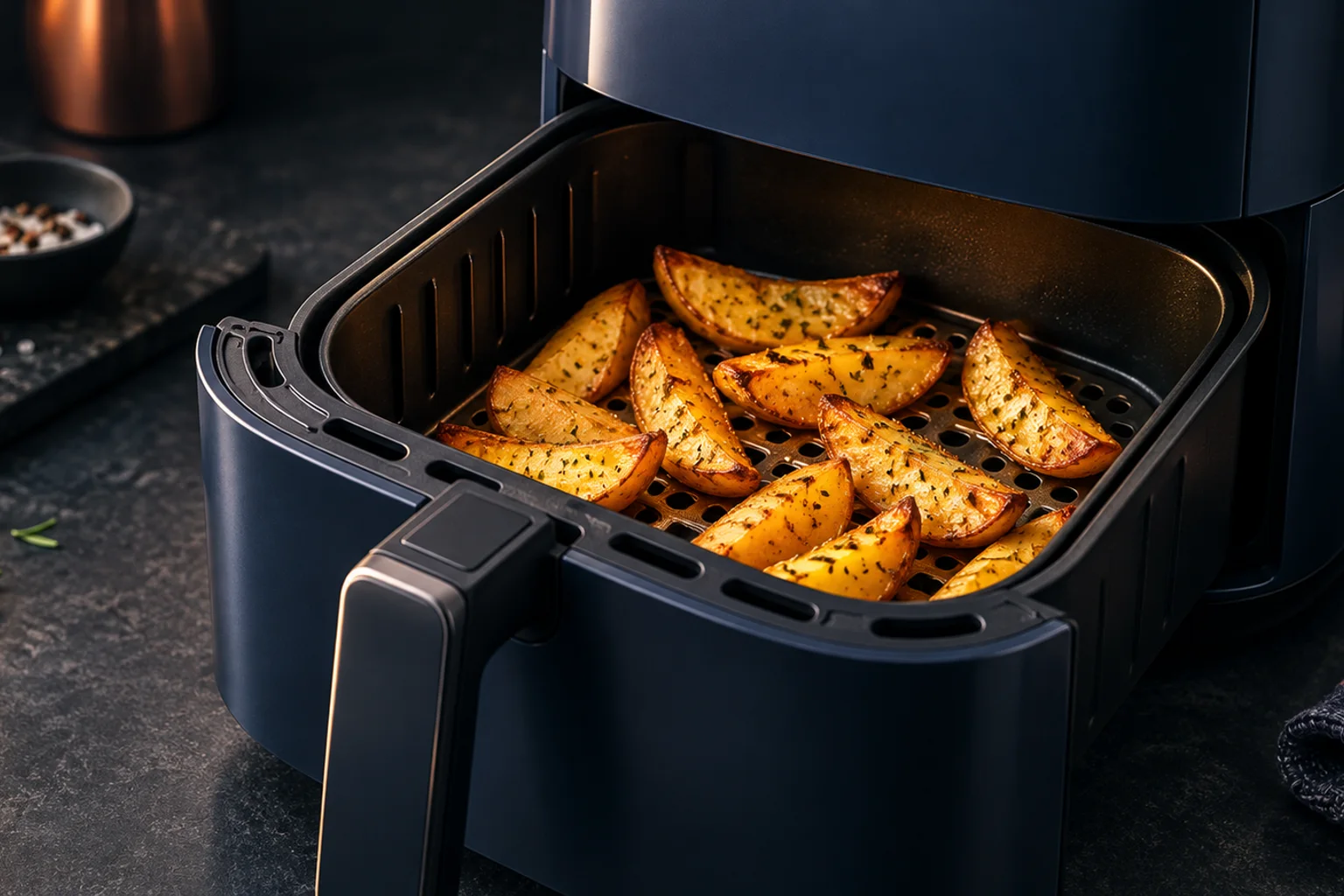 Generated editorial illustration: An air fryer drawer pulled open to show potato wedges on a perforated crisper plate.